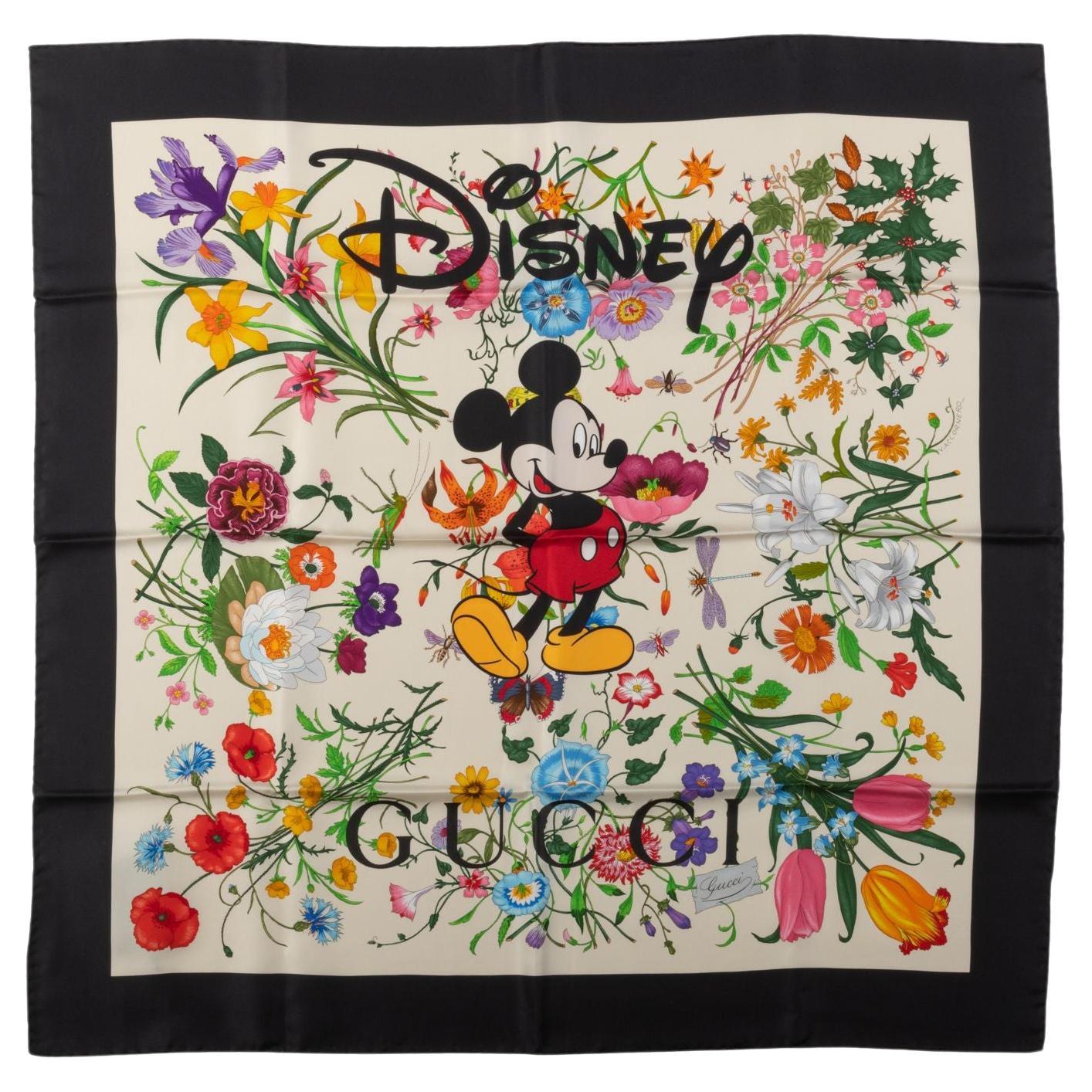 Gucci X Disney Black Flora Silk Scarf For Sale