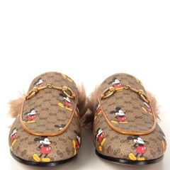 GUCCI x DISNEY brown GG leather FUR PRINCETOWN Slides Shoes 38.5