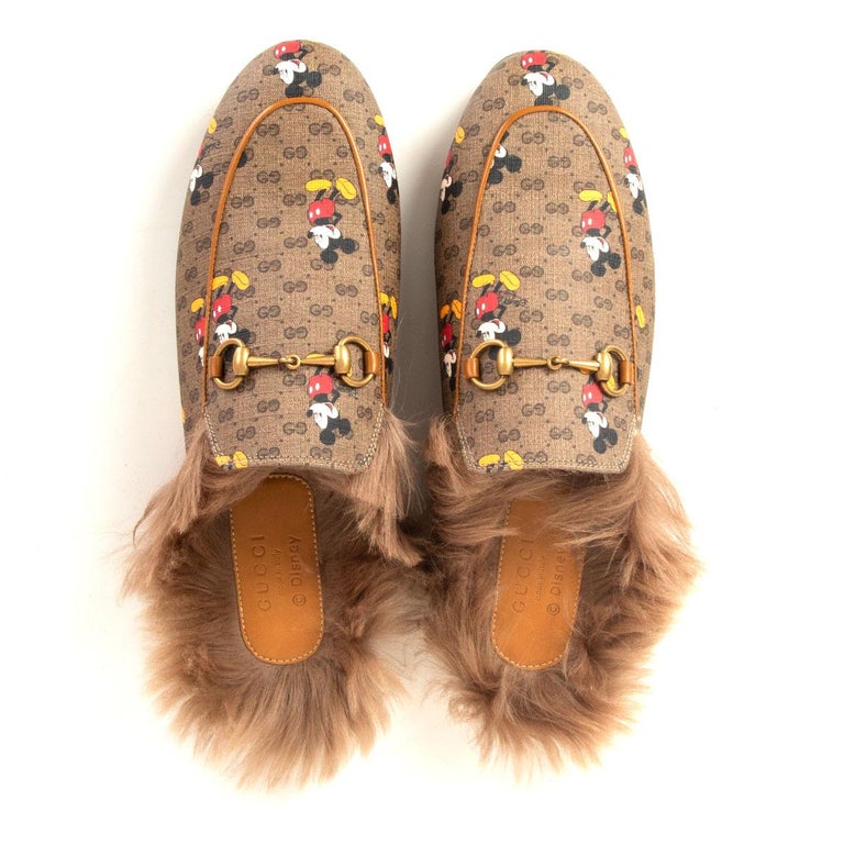 GUCCI x DISNEY brown GG leather FUR PRINCETOWN Slides Shoes  at 1stDibs