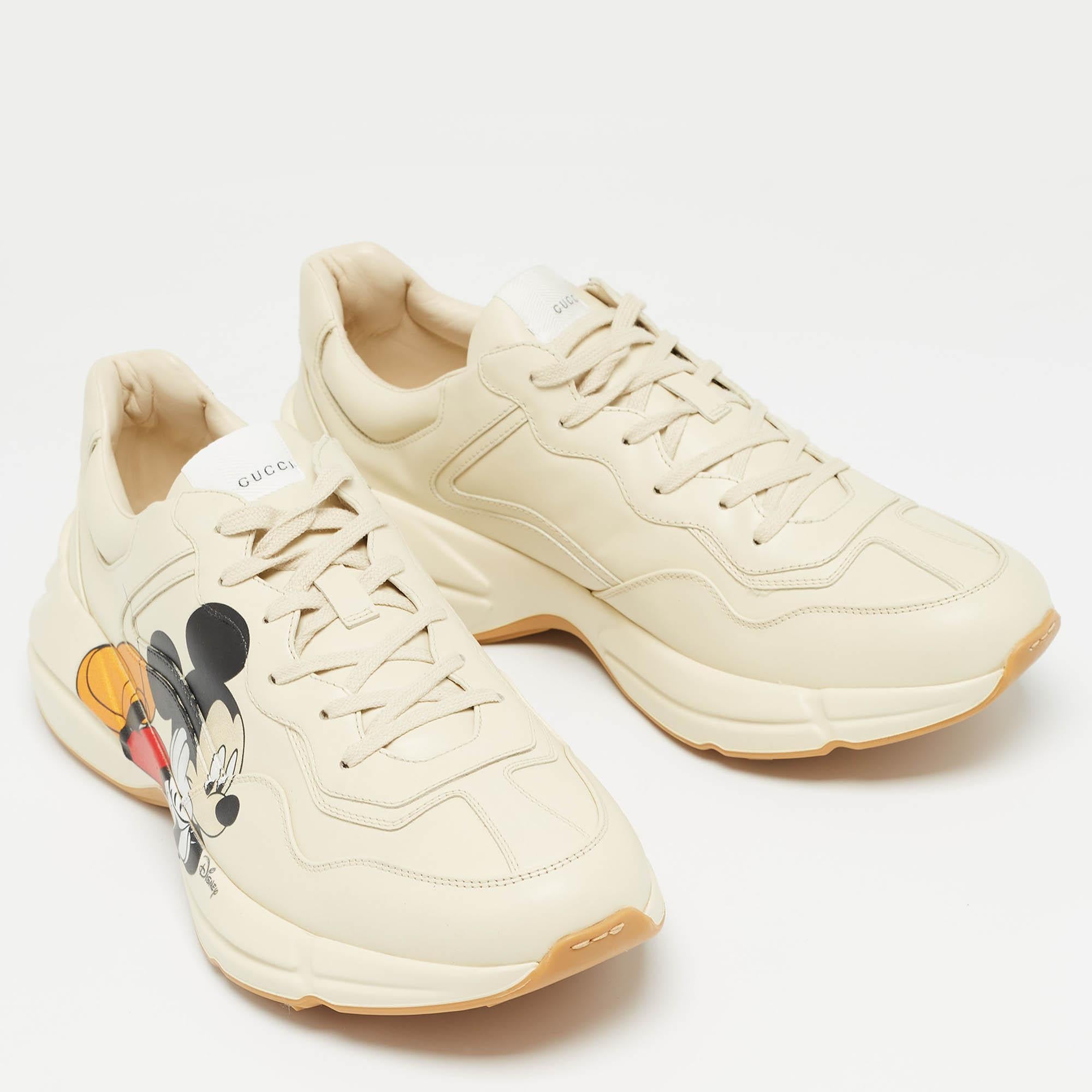 Women's Gucci x Disney Cream Leather Mickey Mouse Rhyton Sneakers Size 47 For Sale