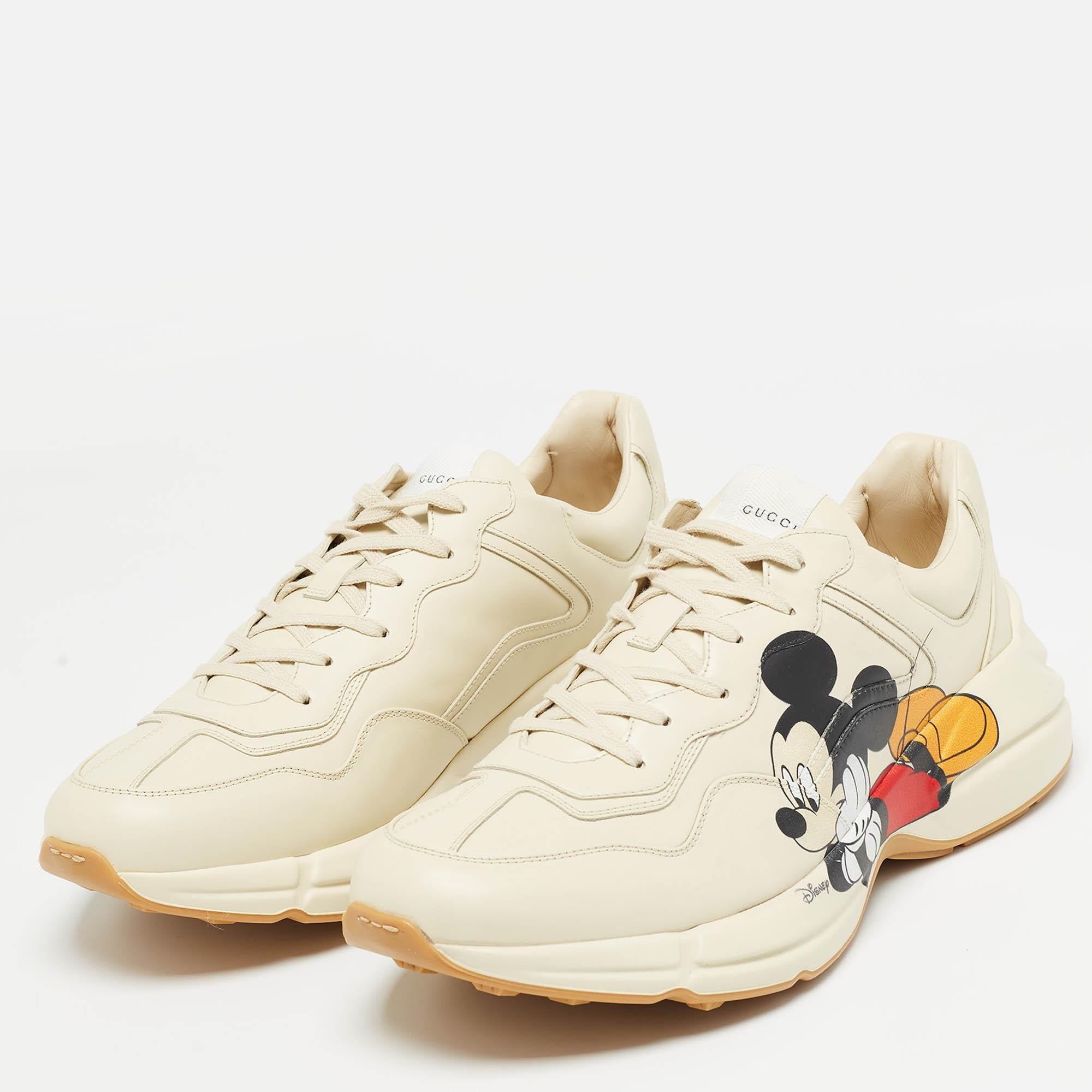 Gucci x Disney Cream Leather Mickey Mouse Rhyton Sneakers Size 47 For Sale 2