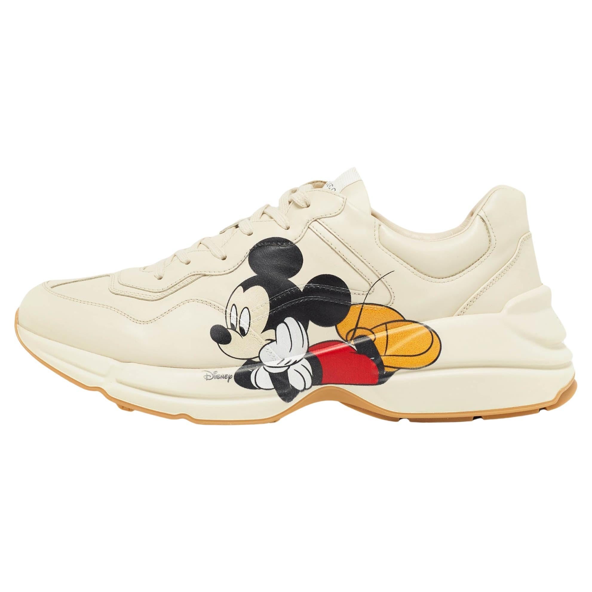 Gucci x Disney Cream Leather Mickey Mouse Rhyton Sneakers Size 47 For Sale