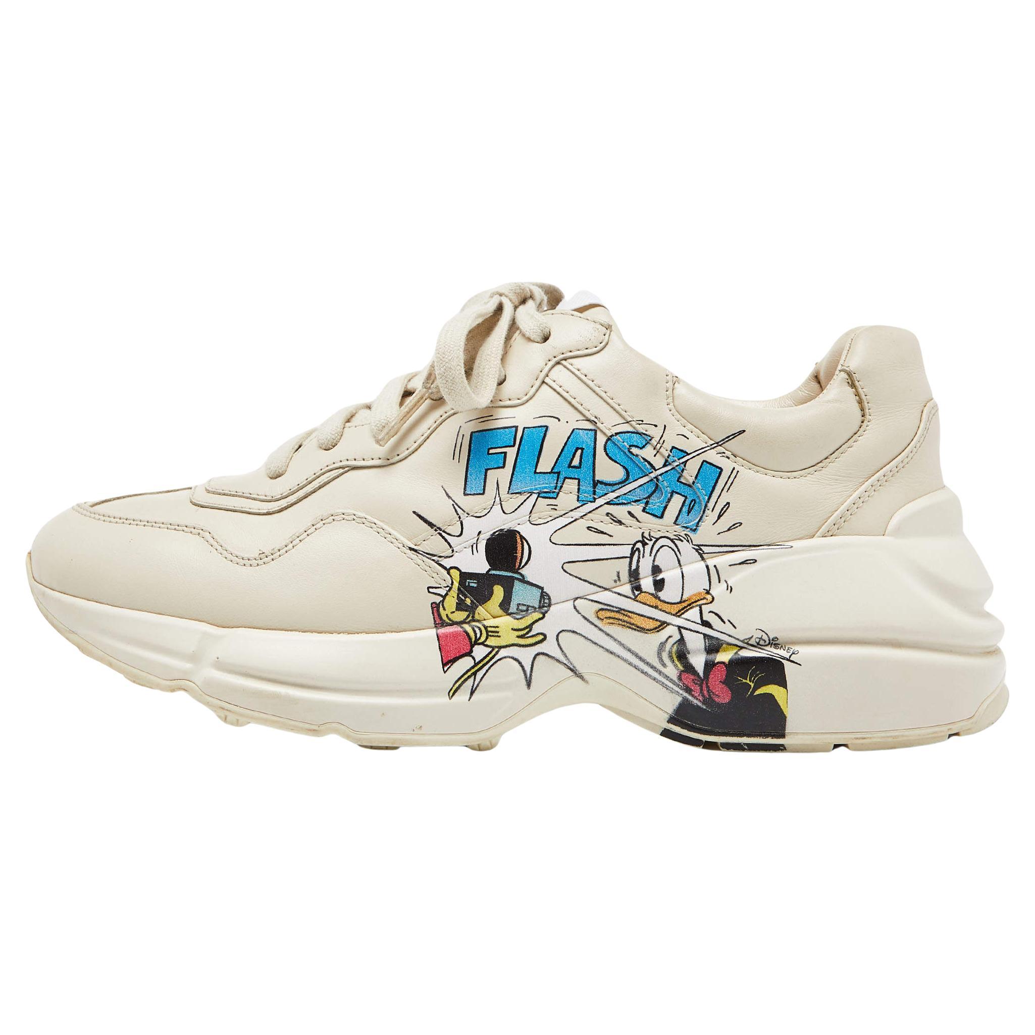 Gucci x Disney Donald Duck Cream Leather Rhyton Sneakers Size 38 For Sale