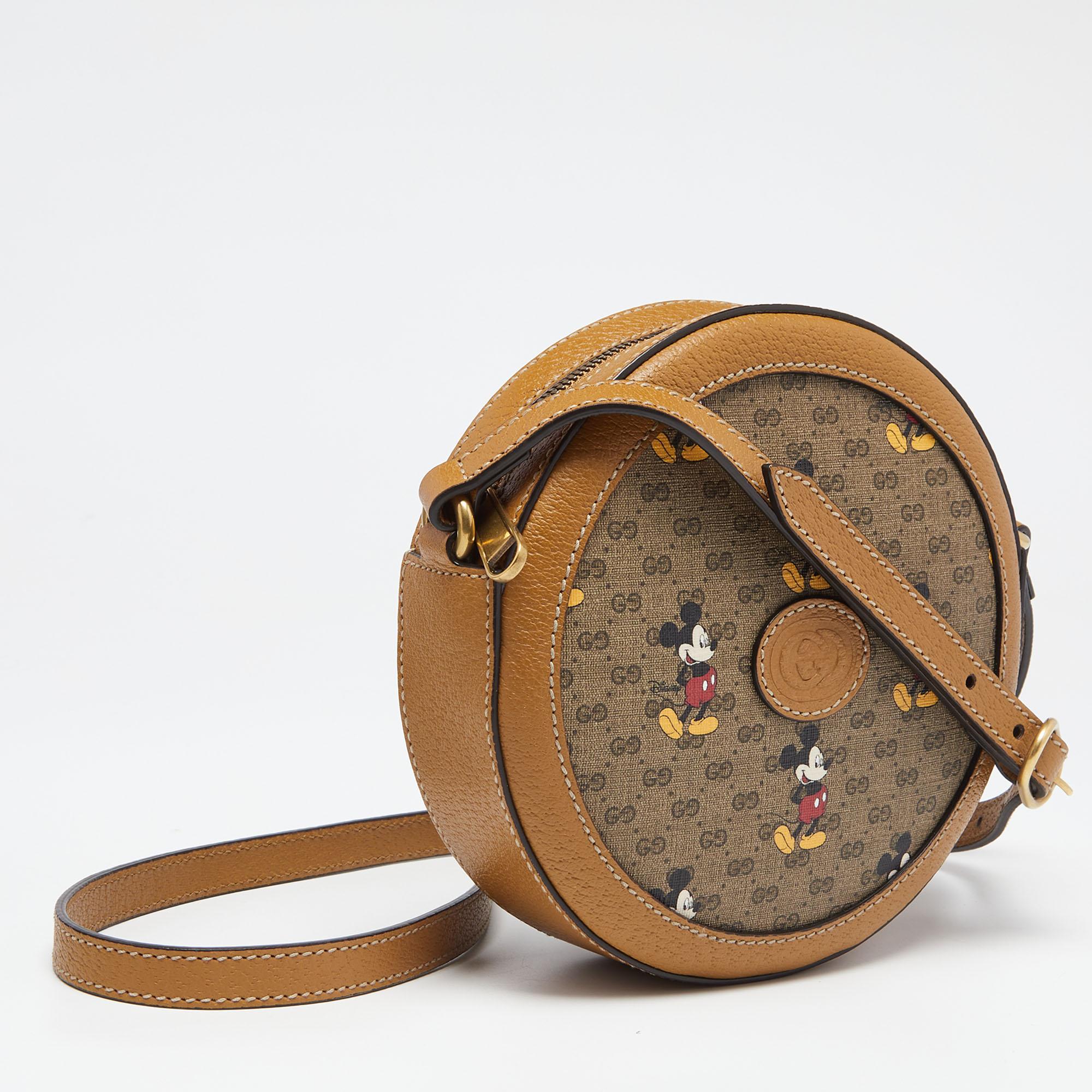 Brown Gucci x Disney GG Supreme Canvas and Leather Round Crossbody Bag