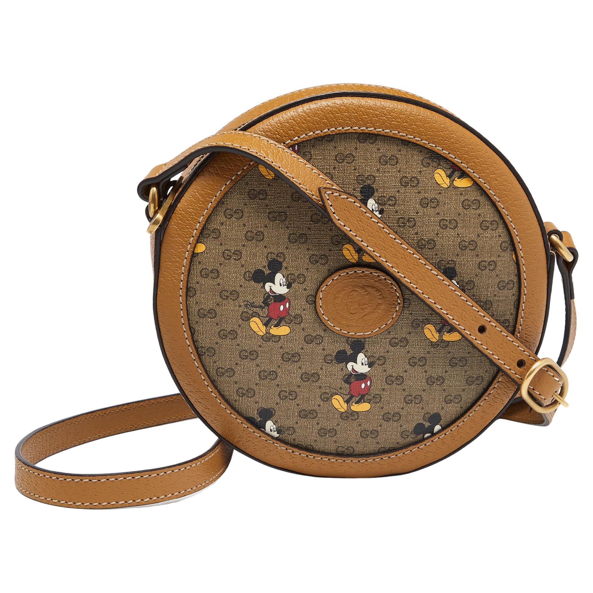 GUCCI GG Disney X Mickey Mouse Crossbody Leather Tan Brown Italy Bag Camera  NEW