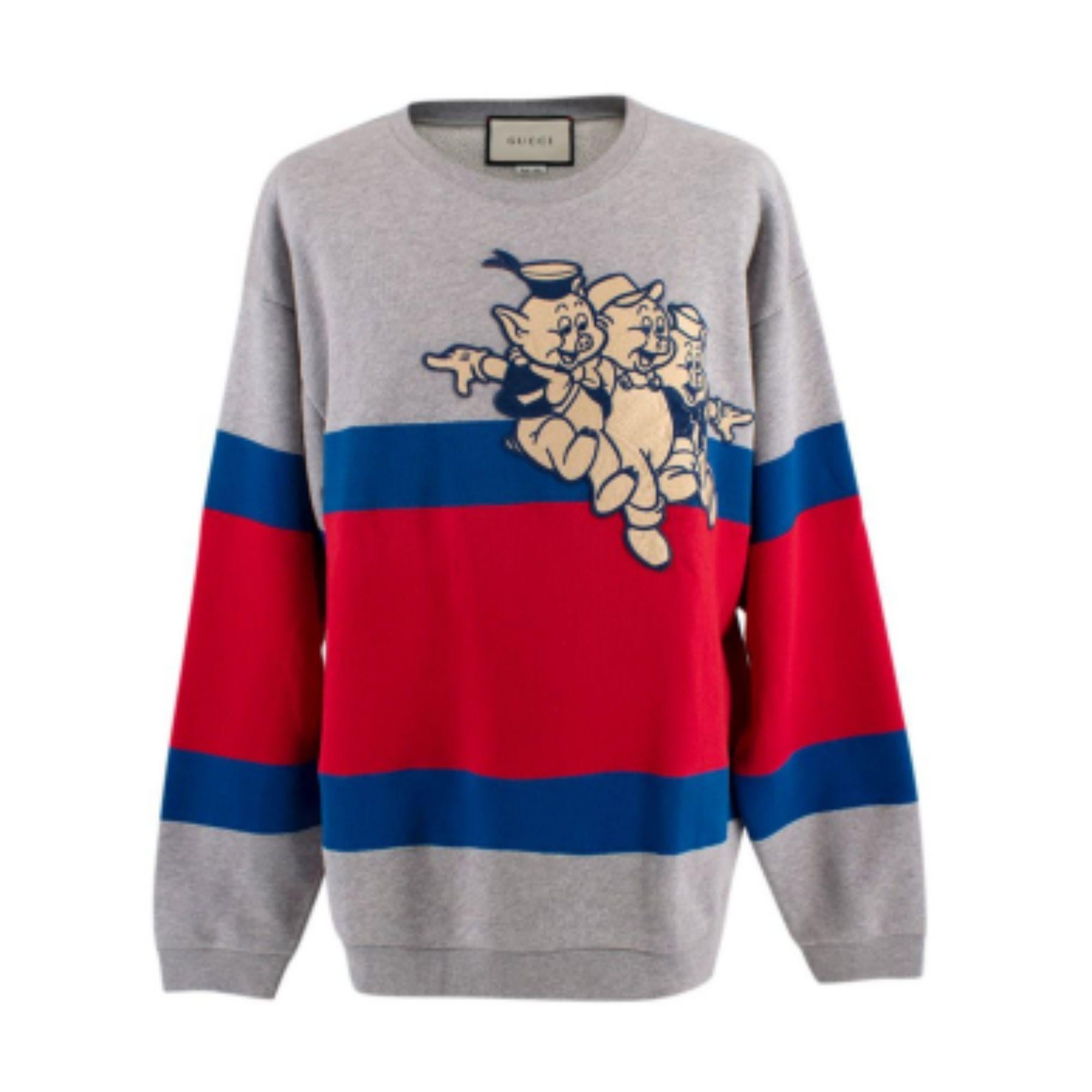 Gucci x Disney Grey '3 Little Pigs' Sweatshirt

- Crewneck
- Ribbed cuffs, waist and neck
- Large embroidery on front
- Blue and red stripe paneling

Material
100% Cotton
Embroidery: 100% Polyester

Made in Italy

PLEASE NOTE, THESE ITEMS ARE