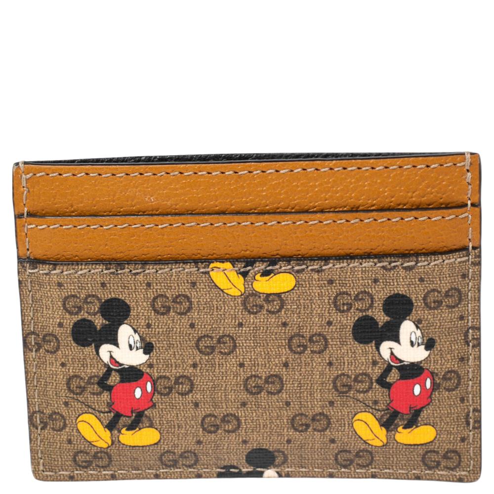 Brown Gucci x Disney Tan GG Supreme and Leather Mickey Mouse Card Holder