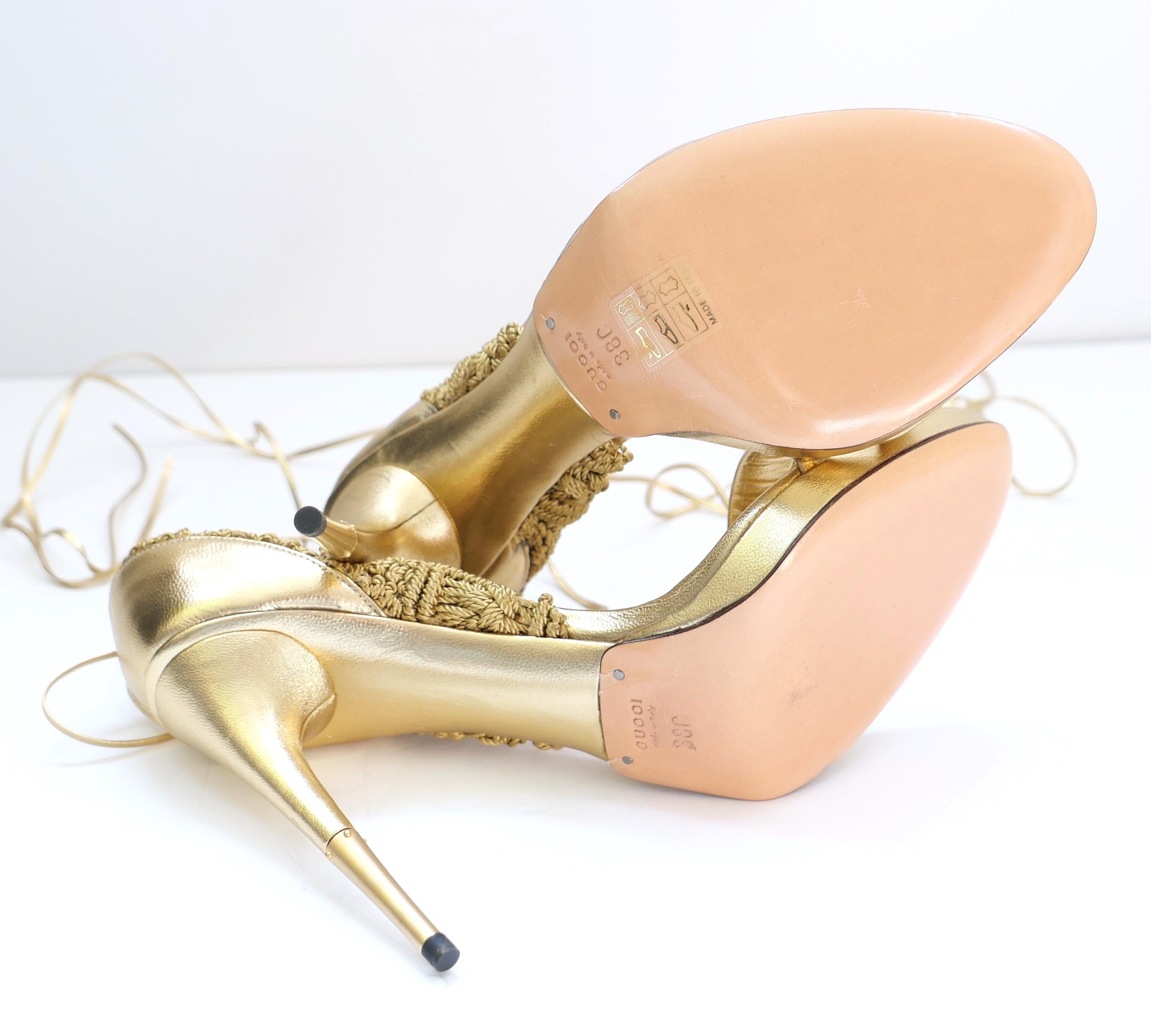 Gucci x Frida Giannini Spring 2011 Gold Leather & Macrame Heels For Sale 5
