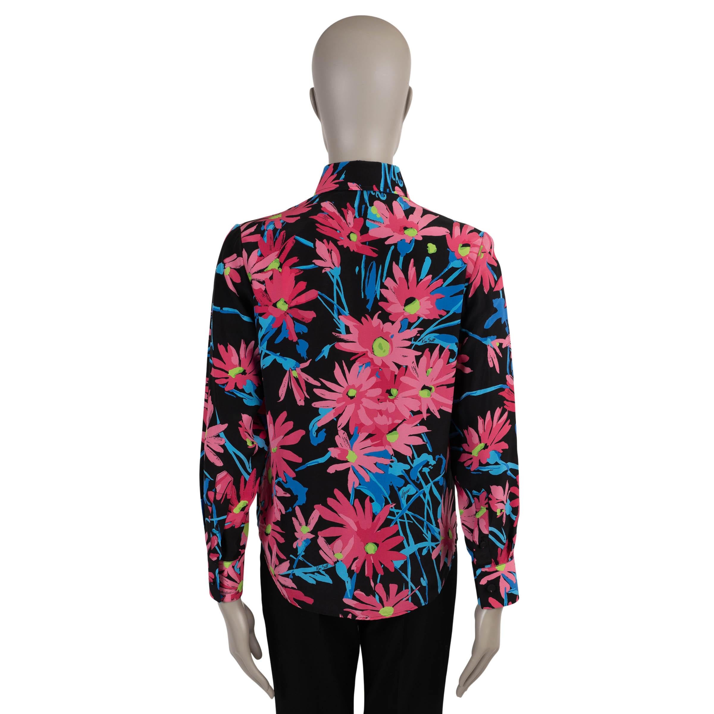 Black GUCCI x KEN SCOTT blue & pink silk 2021 FLORAL Button-Up Shirt 36 XXS For Sale