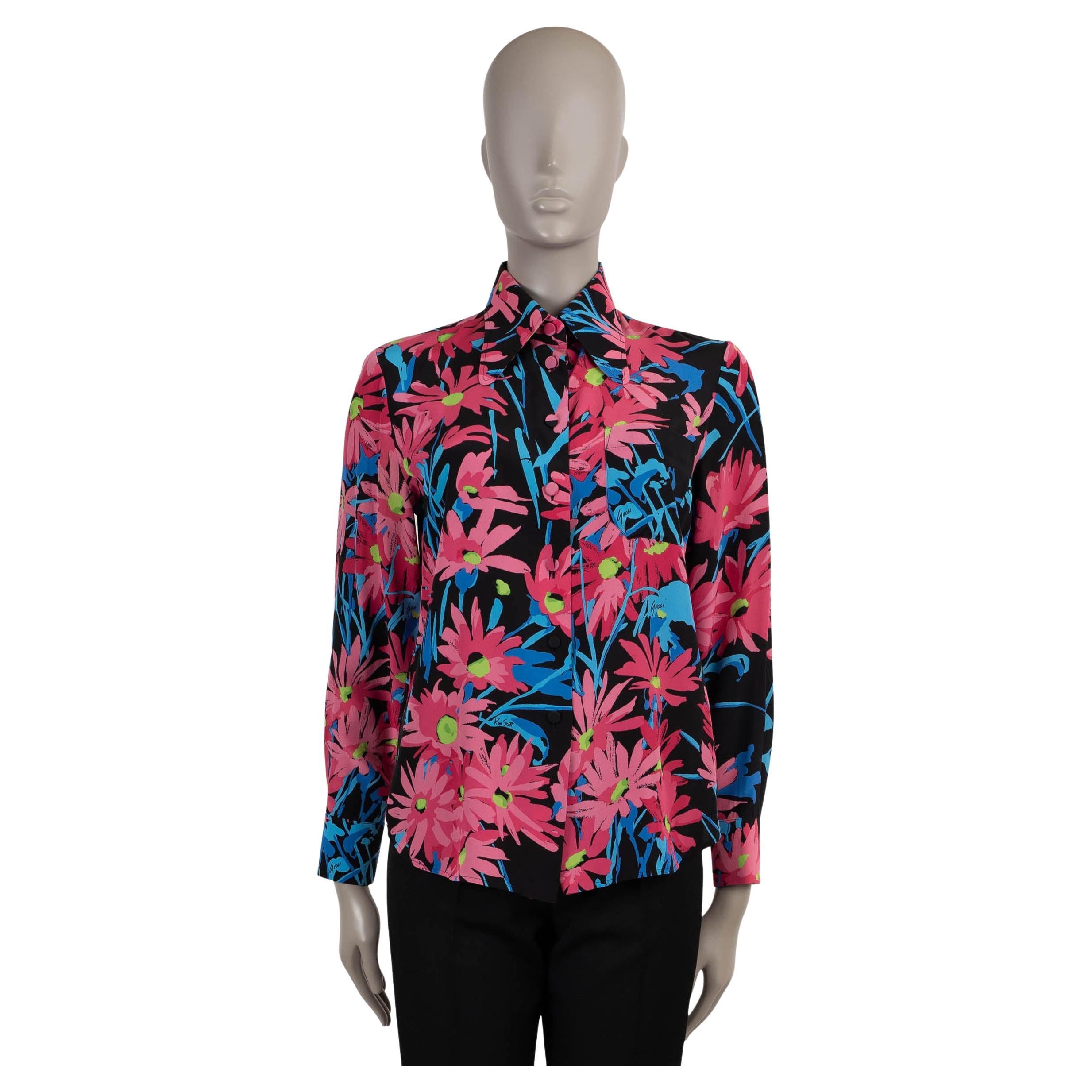 GUCCI x KEN SCOTT blue & pink silk 2021 FLORAL Button-Up Shirt 36 XXS For Sale