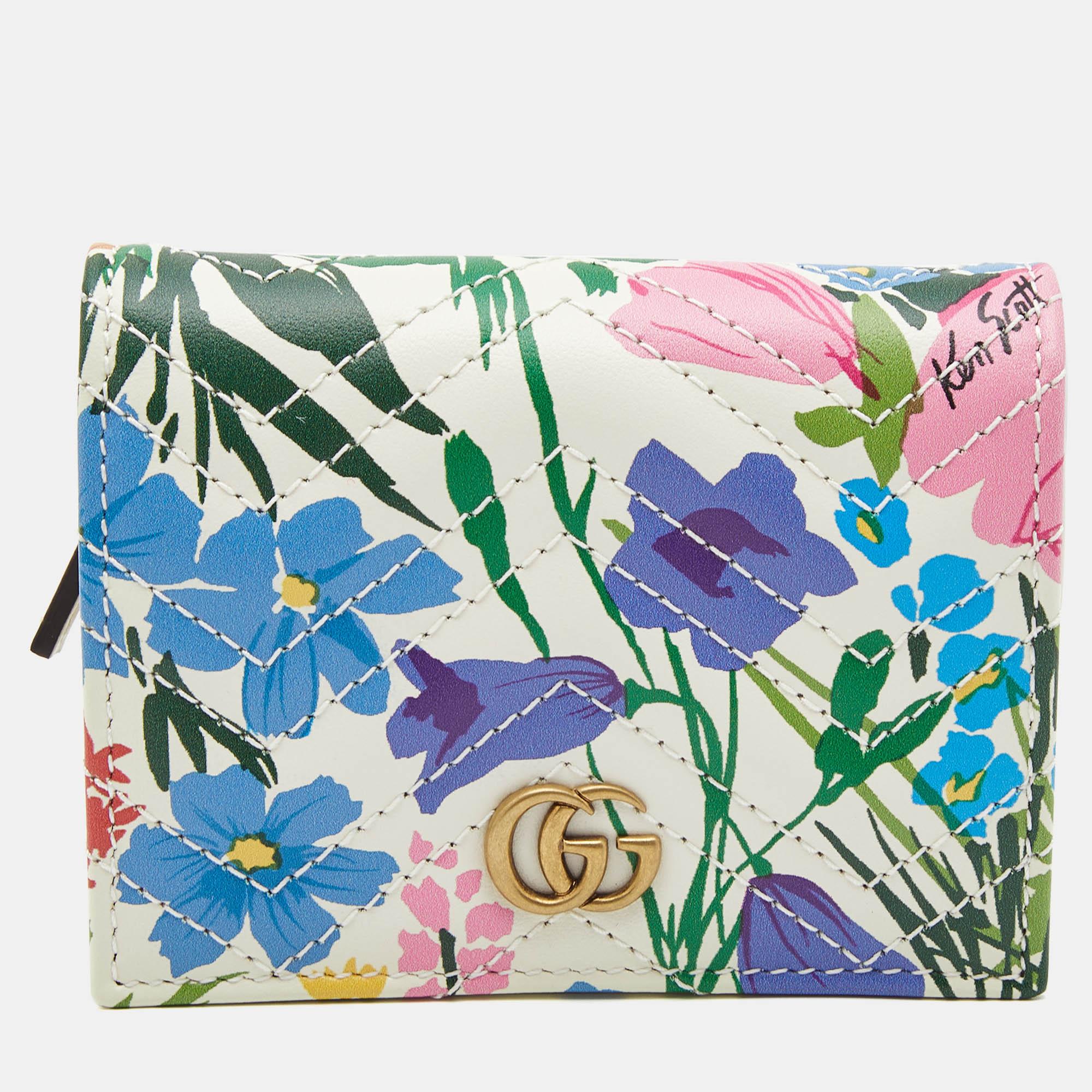 Gucci x Ken Scott Multicolor Floral Print Leather GG Marmont Card Case In New Condition In Dubai, Al Qouz 2