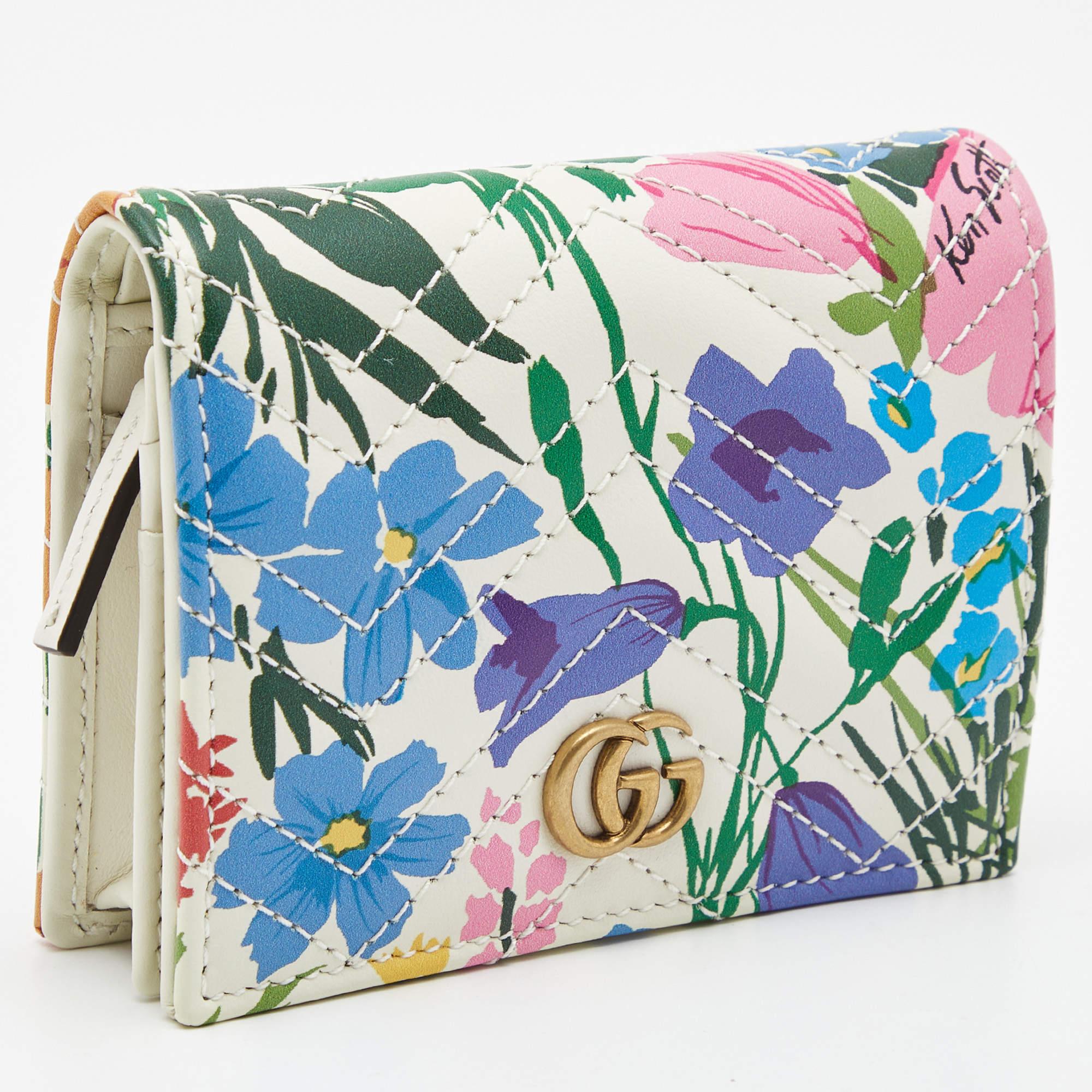 Gucci x Ken Scott Multicolor Floral Print Leather GG Marmont Card Case For Sale 1