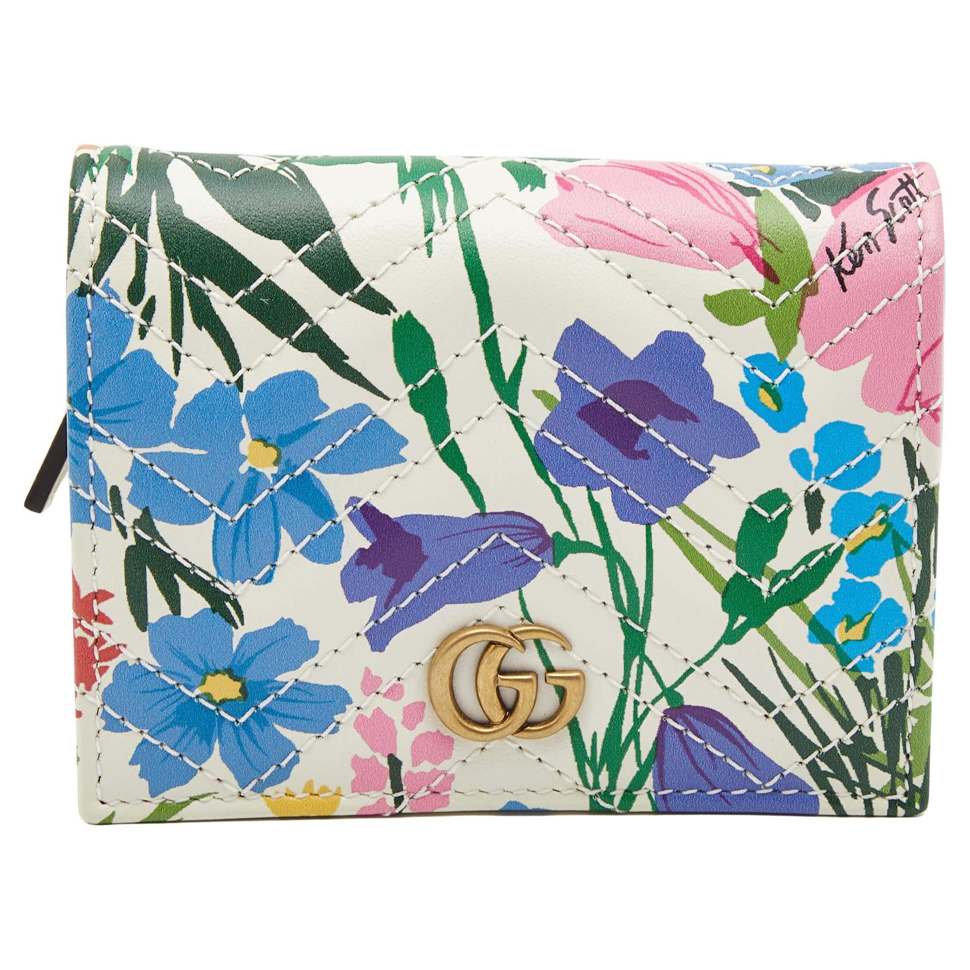 Gucci x Ken Scott Multicolor Floral Print Leather GG Marmont Card Case For Sale