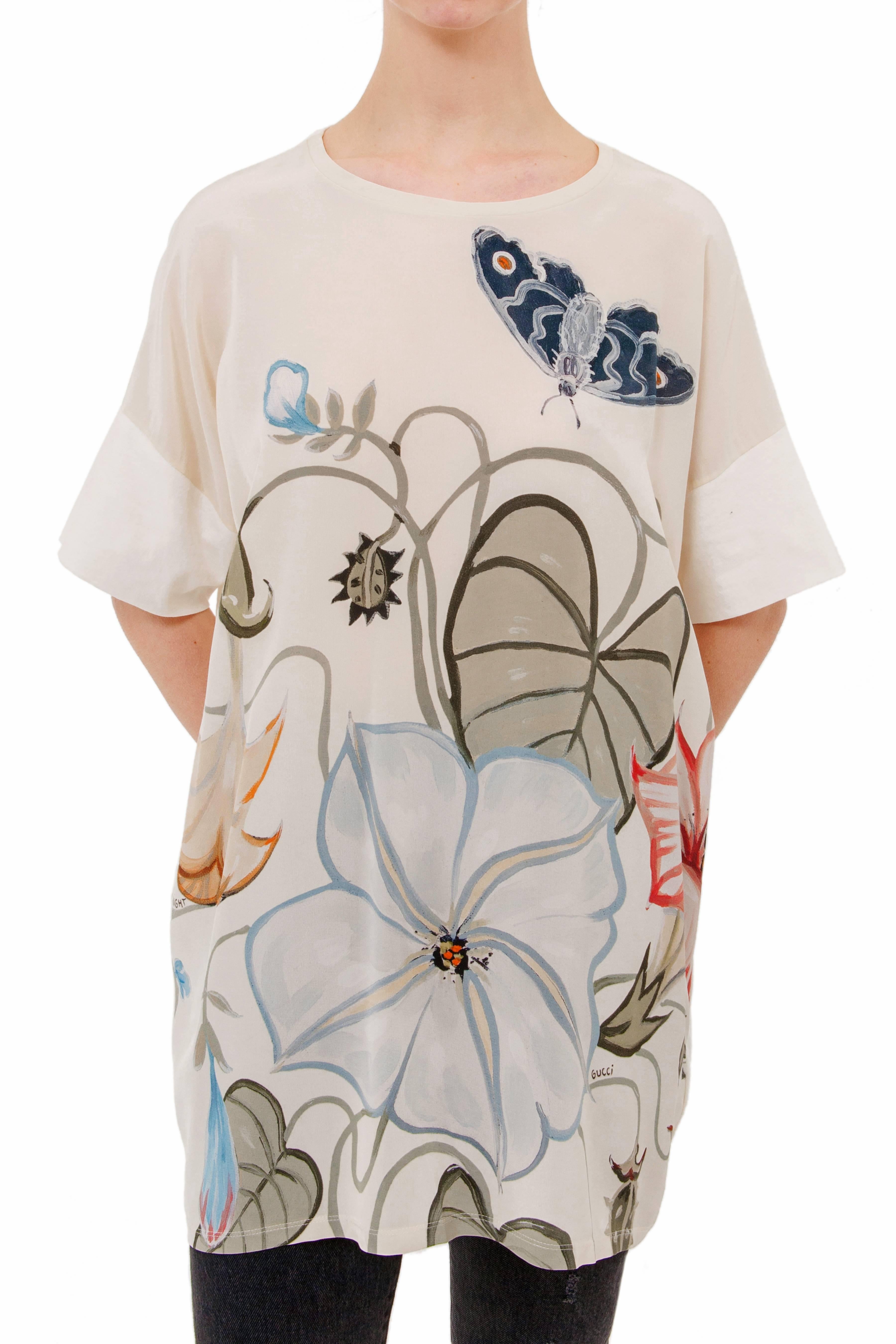 Gucci and Kris Knight Resort Ivory Silk Floral Butterfly Shirt 