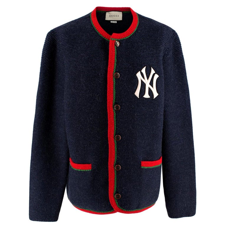 Gucci X NY Yankees Blue Wool Web Cardigan - Size XL at 1stDibs