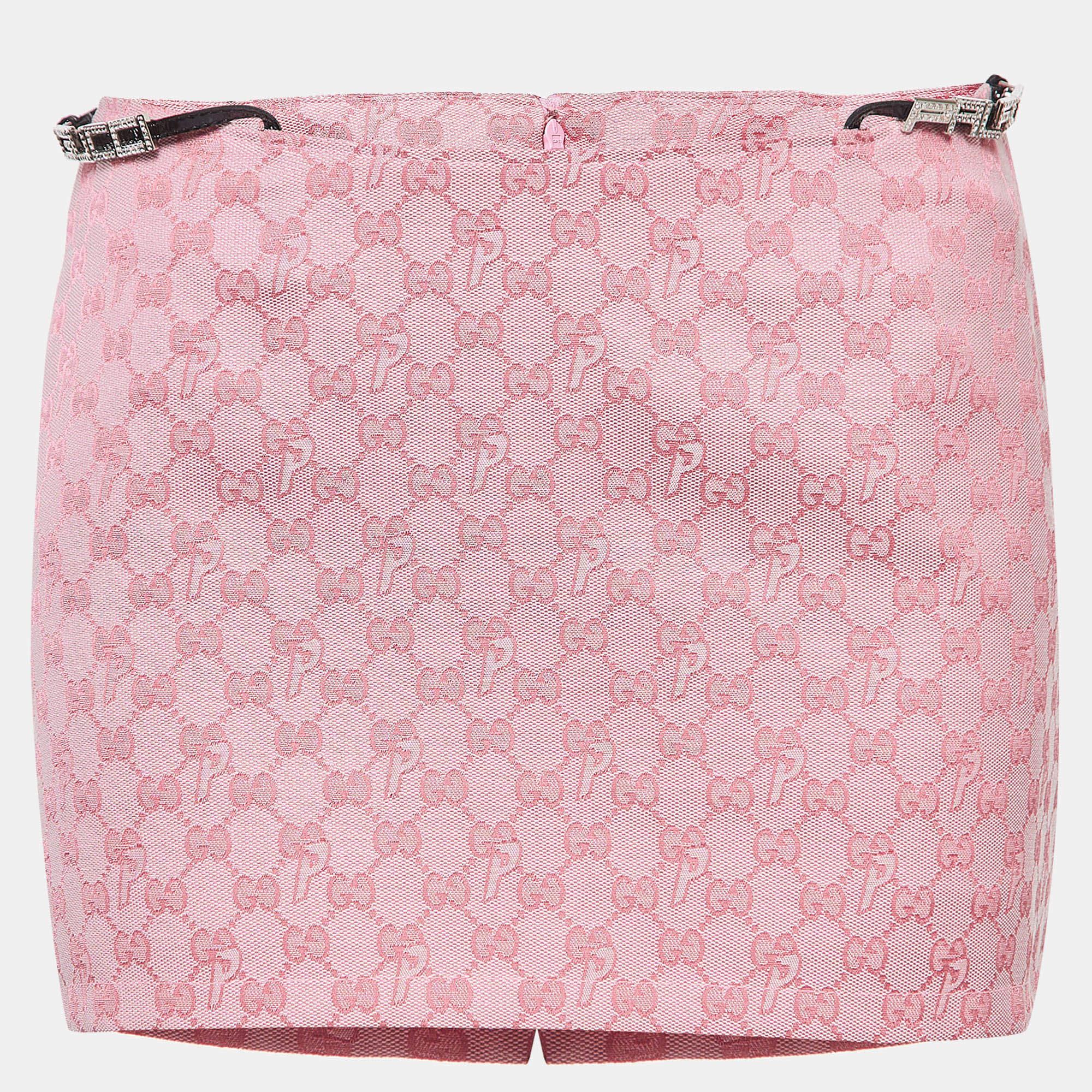 Gucci X Palace Pink Logo Jacquard Mini Skirt S In New Condition In Dubai, Al Qouz 2