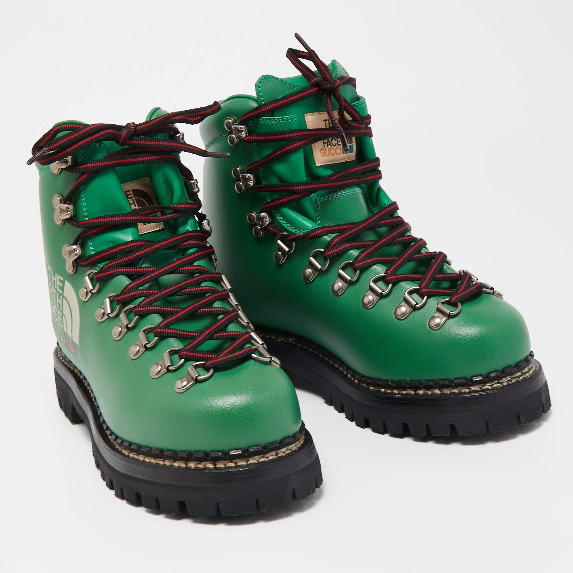 A grand green hue, neat stitching, and fine finishing touches define this pair from the Gucci X The North Face collaboration. The boots are crafted from leather and feature covered toes, lace-up fastening, and details of both the brands.

Includes: