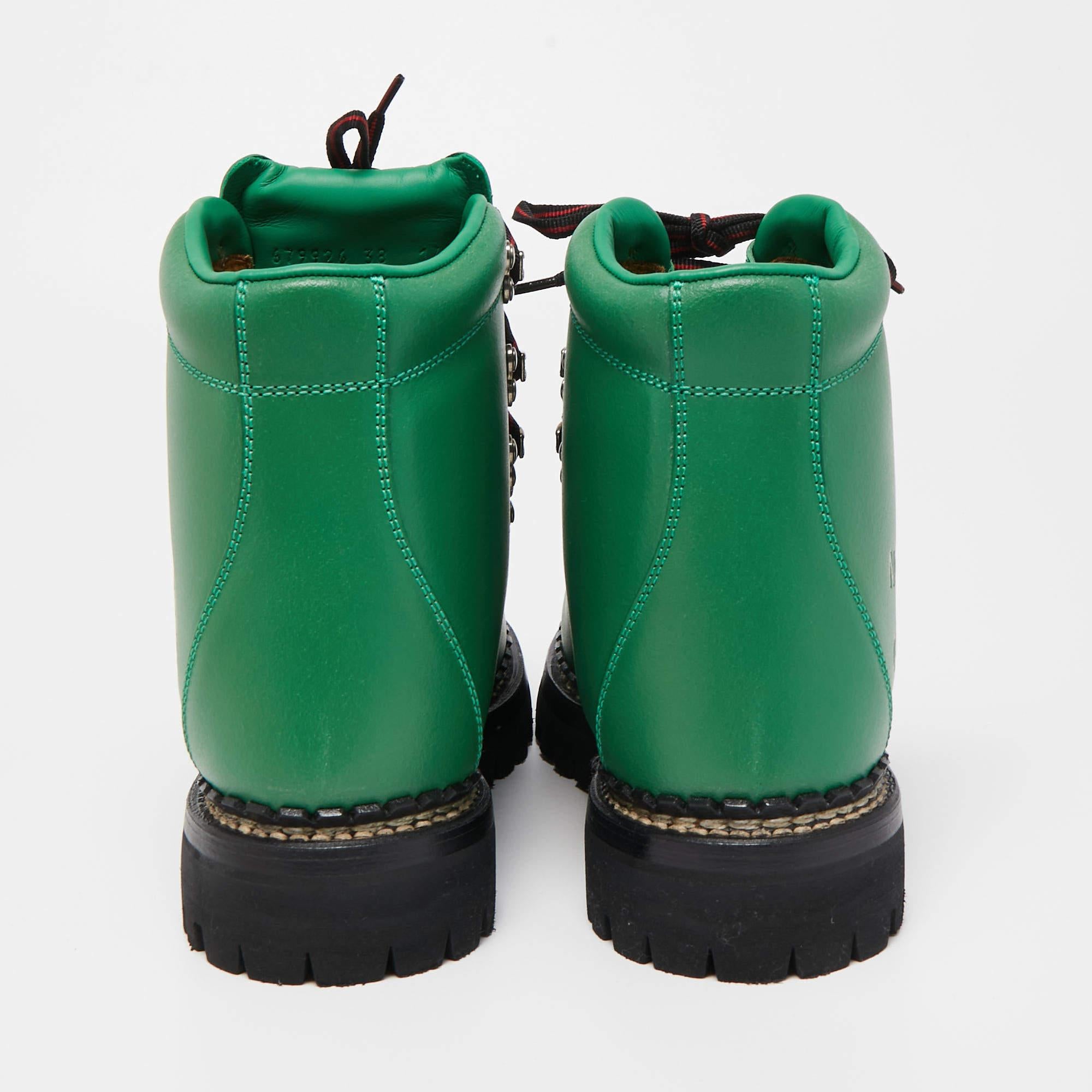 Gucci X The North Face Green Leather Lace-up Boots Size 38 In New Condition In Dubai, Al Qouz 2