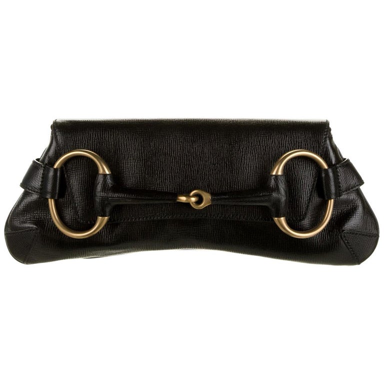 Gucci x Tom Ford Black Leather Gold Horsebit Chain Clutch Shoulder Flap Bag For Sale