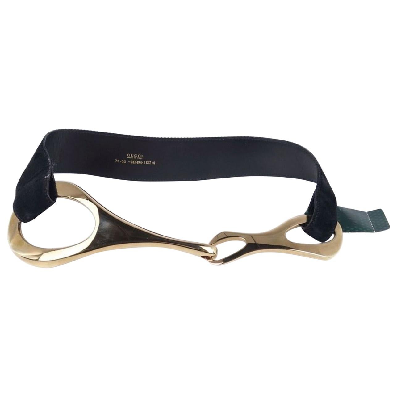 Gucci x Tom Ford Black Leather Gold Large Horsebit Wide Waist Belt For Sale