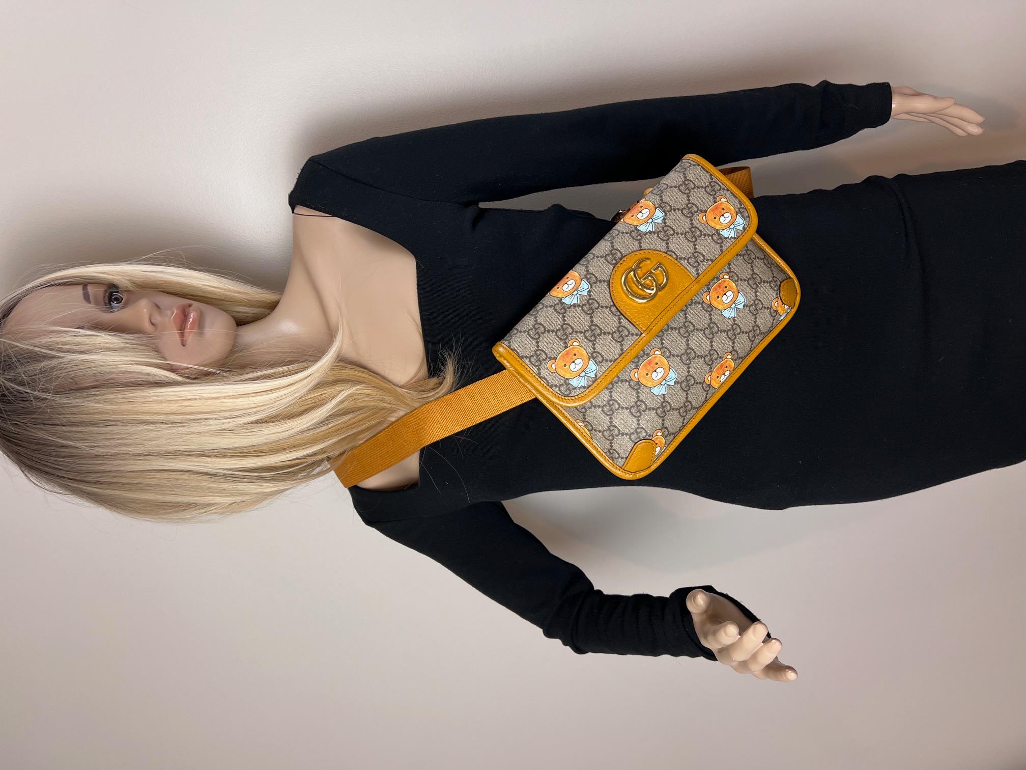 Women's Gucci XKai GG Supreme Slim Vintage Sun Oil Bear Belt Sling Bag For Sale