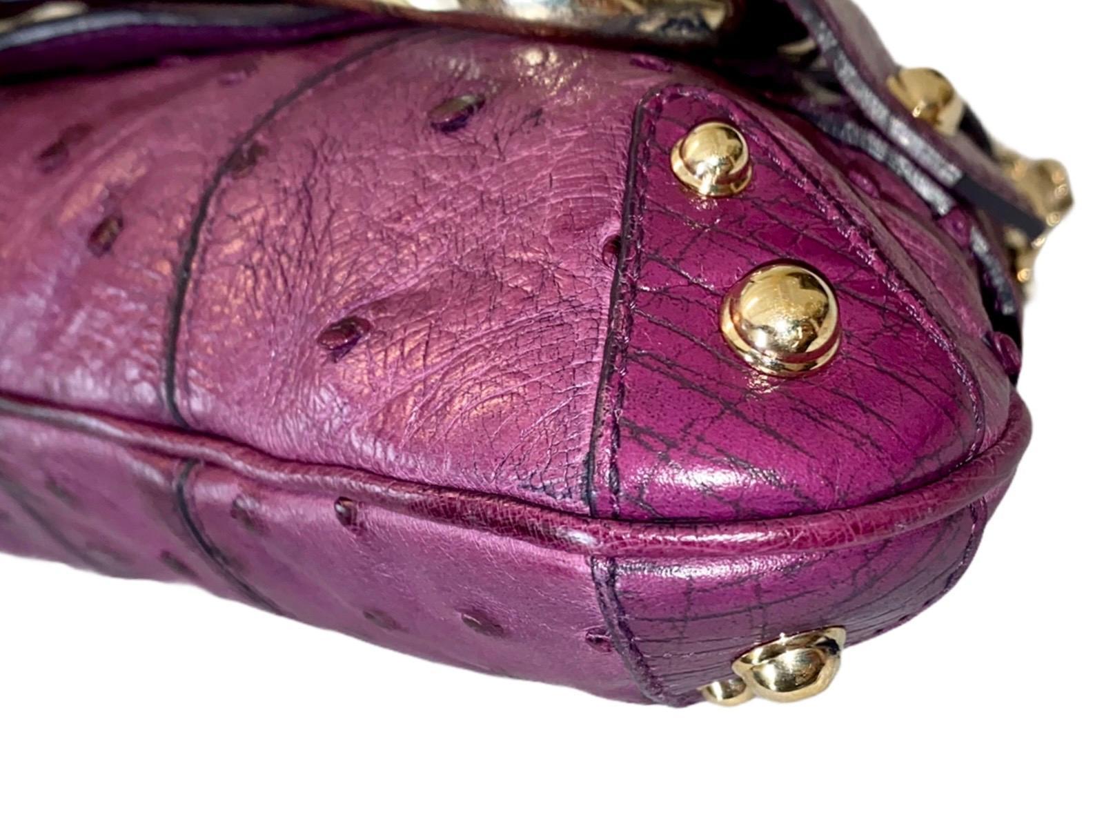 Purple GUCCI by Tom Ford 2003 Exotic Ostrich Skin Horsebit Flap Clutch Bag XL For Sale