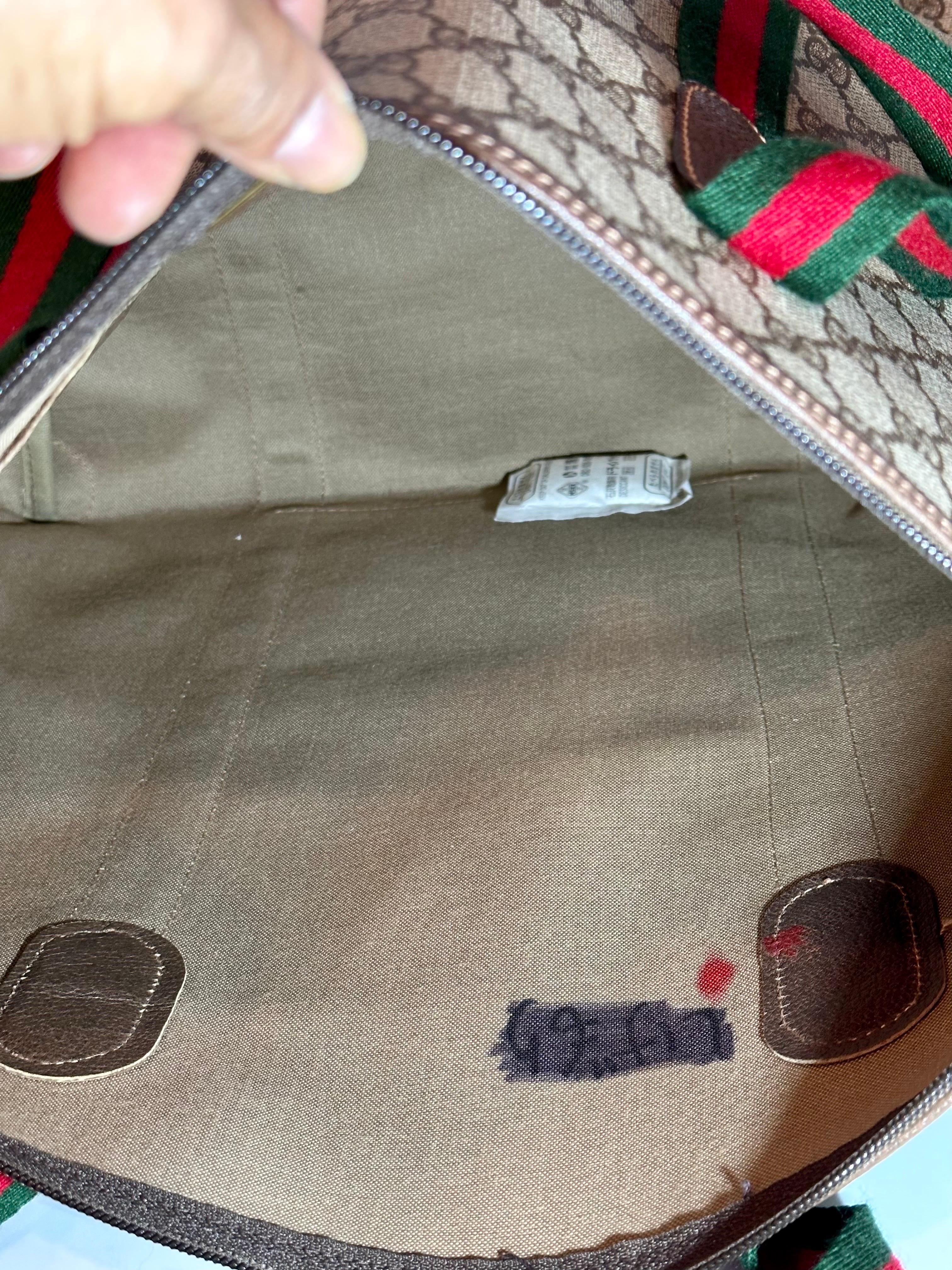 Gucci XL Vintage Tan Monogram Canvas Tote Shoulder Bag Striped Handles Travel bg 3