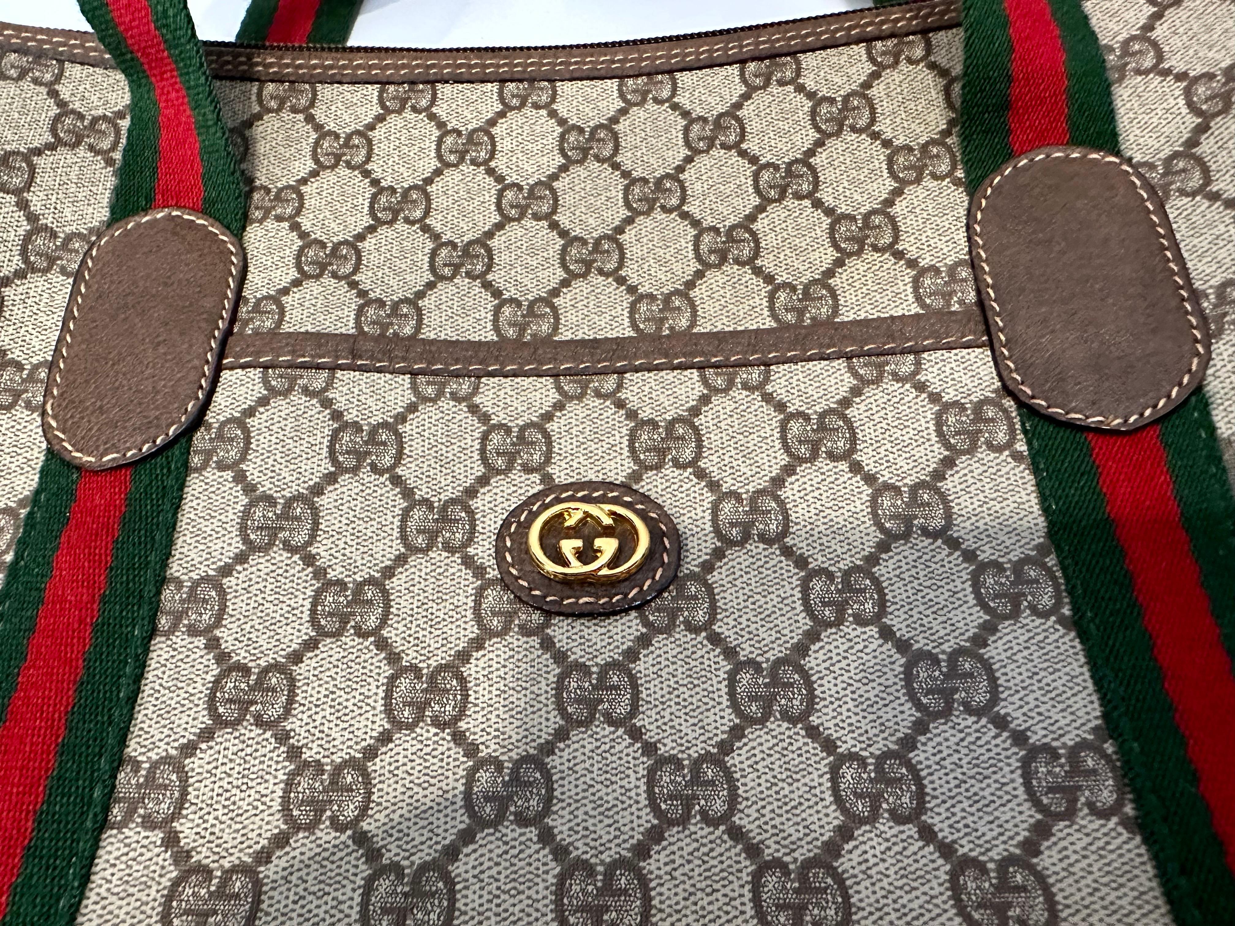 Gucci XL Vintage Tan Monogram Canvas Tote Shoulder Bag Striped Handles Travel bg 6
