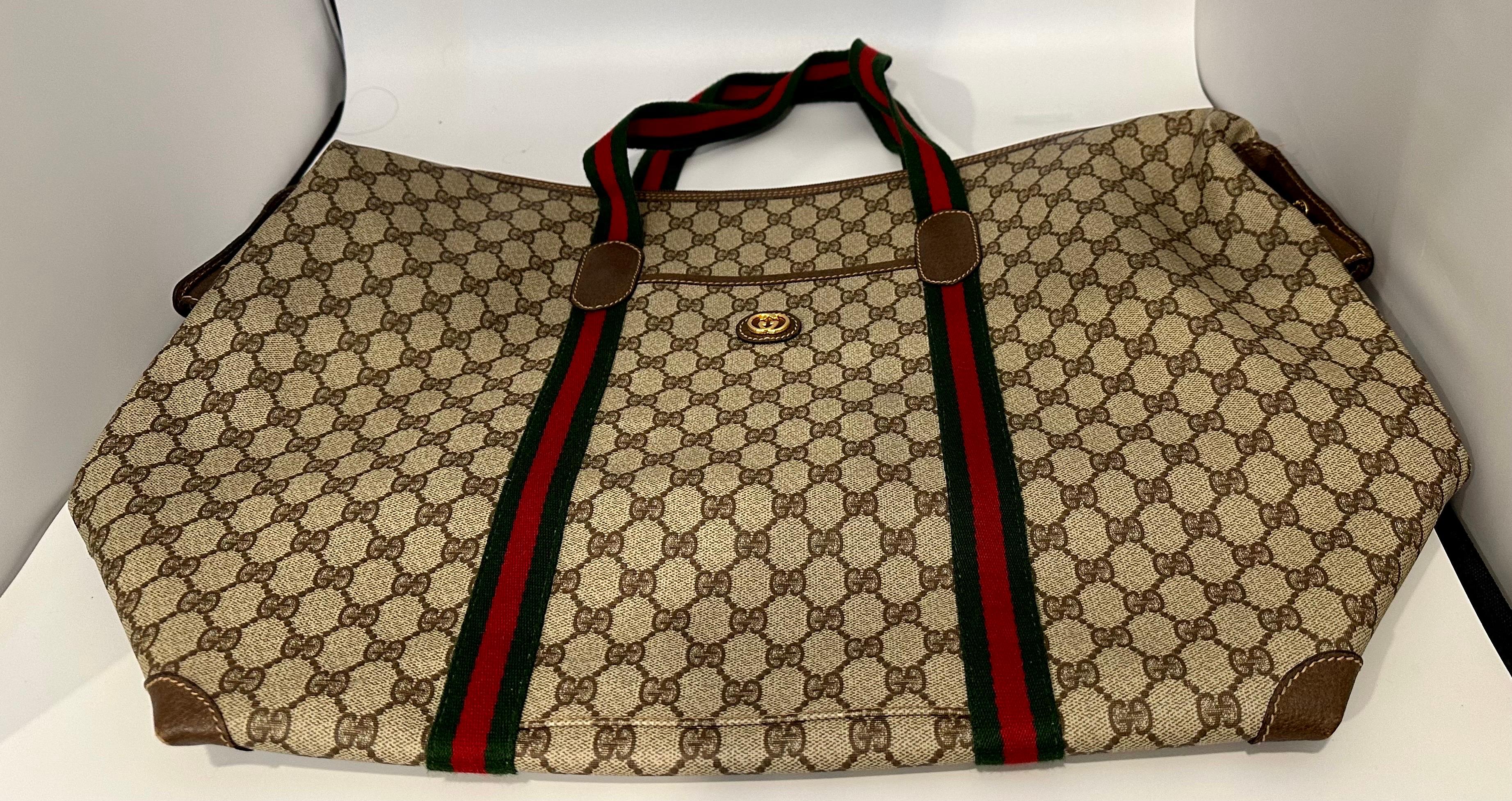 Gucci XL Vintage Tan Monogram Canvas Tote Shoulder Bag Striped Handles Travel bg 7