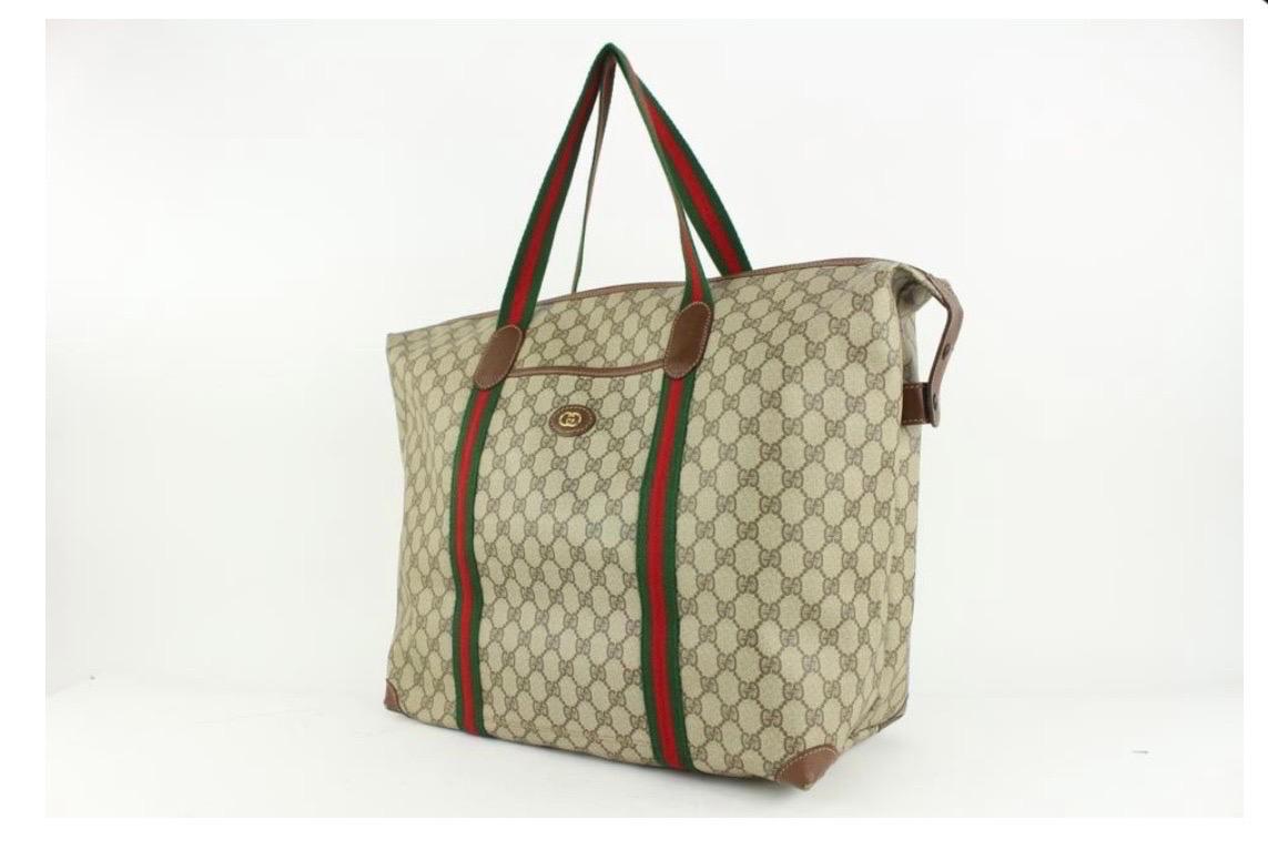 Gucci XL Vintage Tan Monogram Canvas Tote Shoulder Bag Striped Handles Travel bg 1