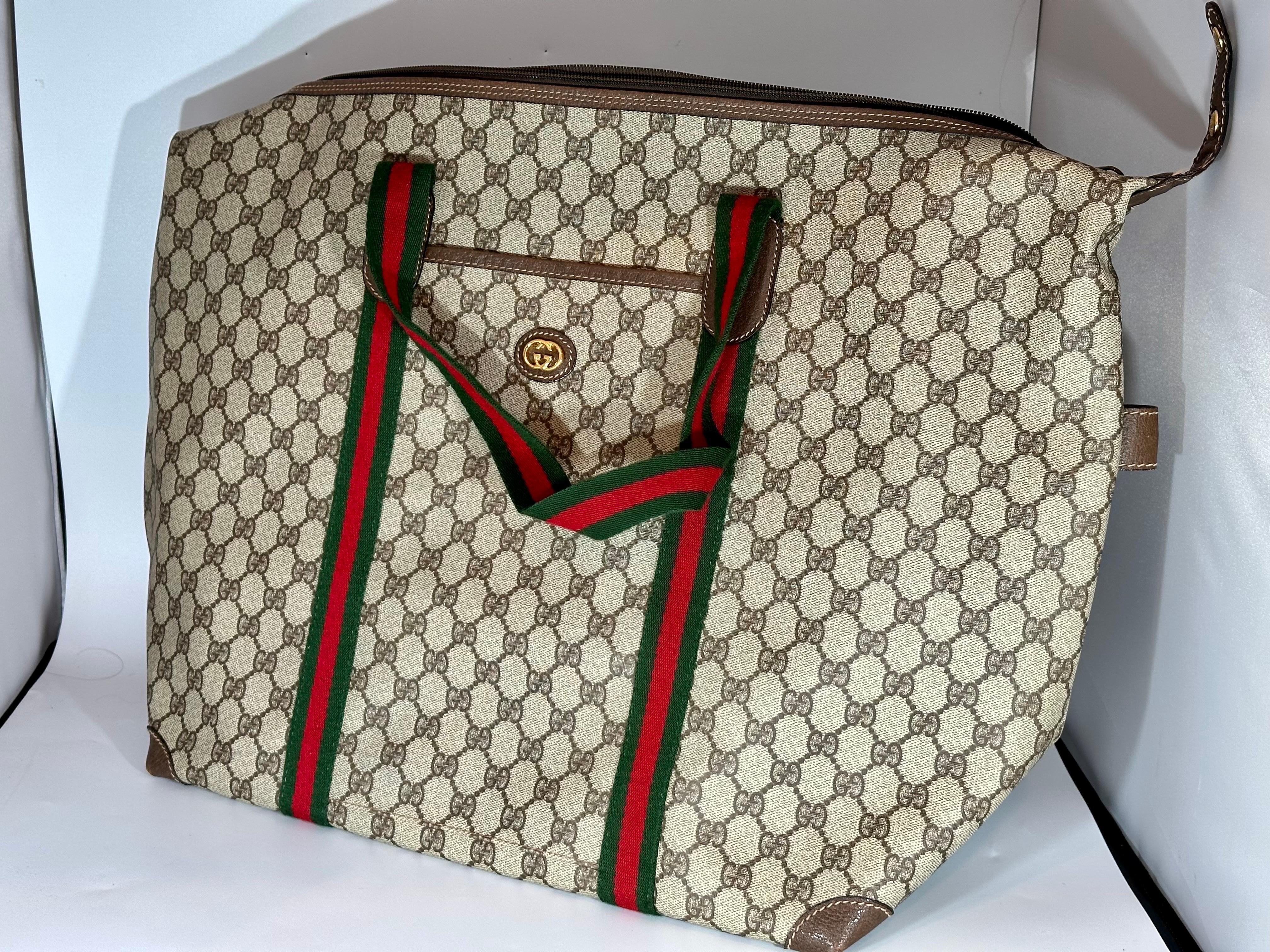 Gucci XL Vintage Tan Monogram Canvas Tote Shoulder Bag Striped Handles Travel bg 2