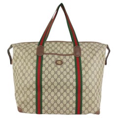Gucci XL Vintage Tan Monogram Canvas Tote Shoulder Bag Striped Handles Travel bg