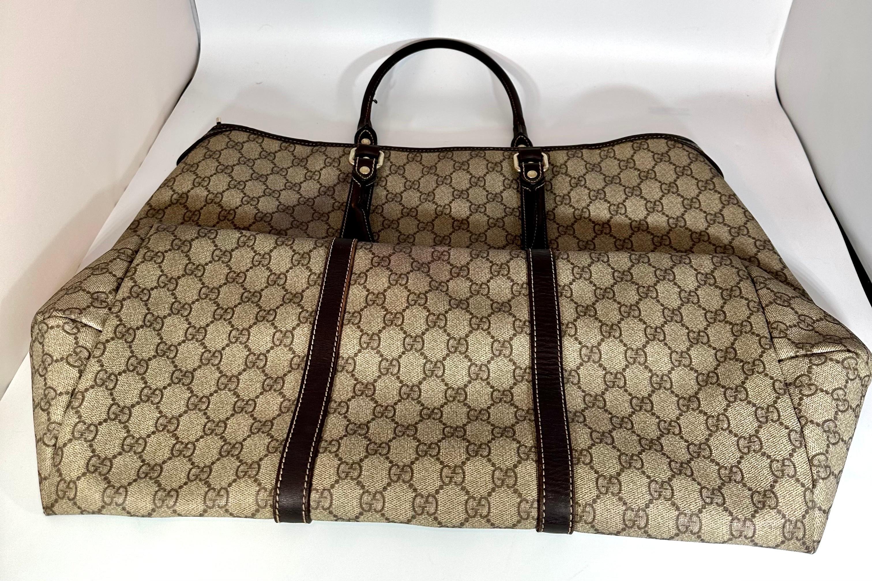 Gucci XL Monogram Tote Brown Coated Canvas Weekend/Travel Bag
Gucci Plus Vintage Tan Monogram Canvas Large Tote Shoulder Bag 
This is an Authentic Vintage Gucci Plus Webby large Tote
Vintage are in!!! They are hard to find and it is in very good