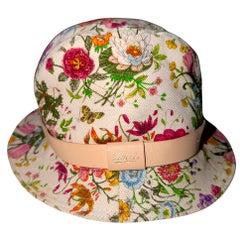 GUCCI Y2K Flora Print Canvas Bucket Hat with Leather Band S