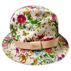 GUCCI Y2K Flora Print Canvas Bucket Hat with Leather Band S