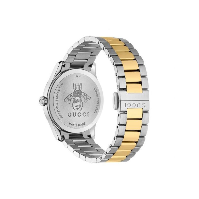 GUCCI YA1264131 G-TIMELESS UNISEX WATCH

Part of the G-Timeless collection, this watch is designed with a mix of steel and yellow gold PVD. The silver sun brushed dial features a gold-toned Gucci bee at the center, surrounded by other codes of the