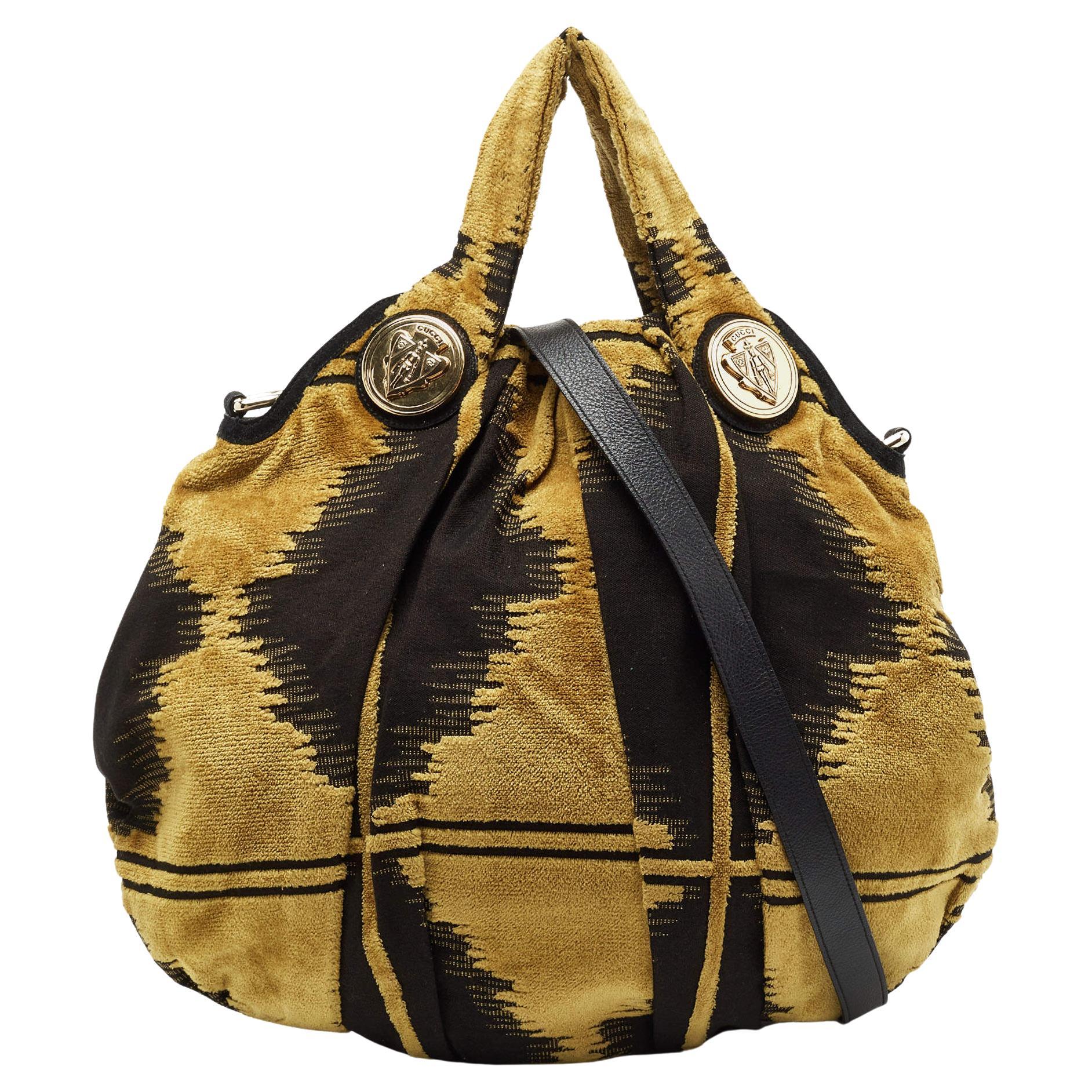 Gucci Yellow/Black Pleated Fabric and Suede Large Hysteria Hobo