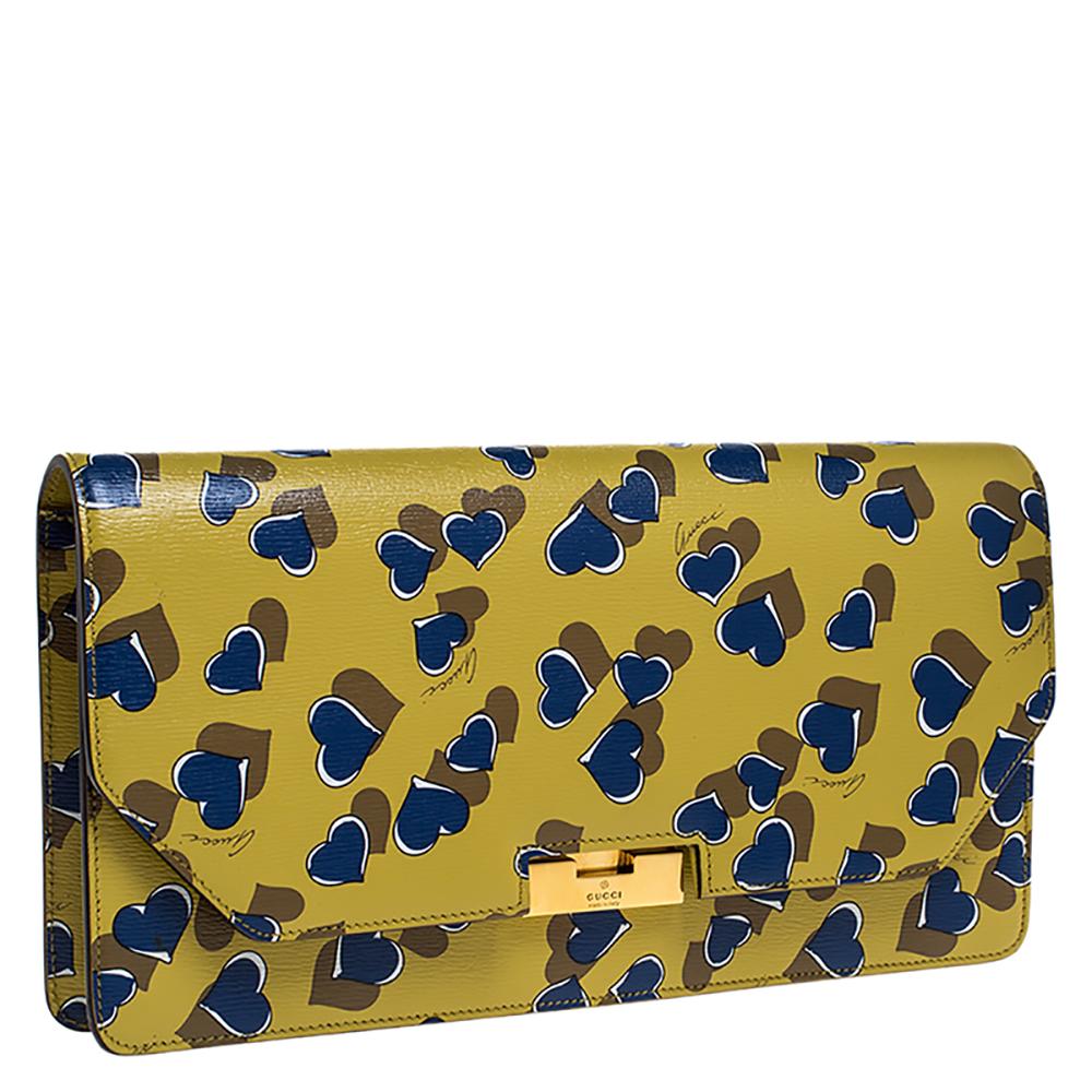 Gucci Yellow/Blue Heart Beat Print Leather Flap Clutch 5