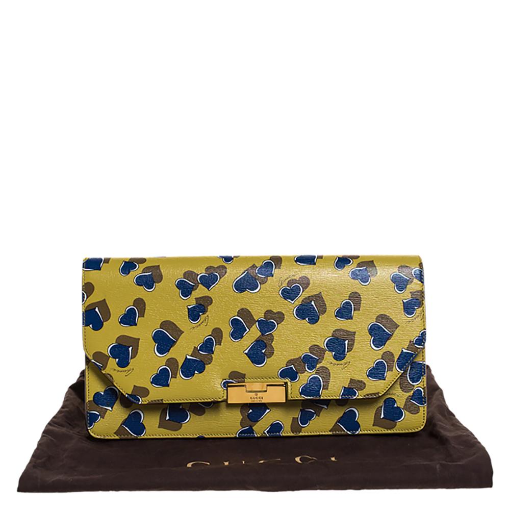 Gucci Yellow/Blue Heart Beat Print Leather Flap Clutch 6