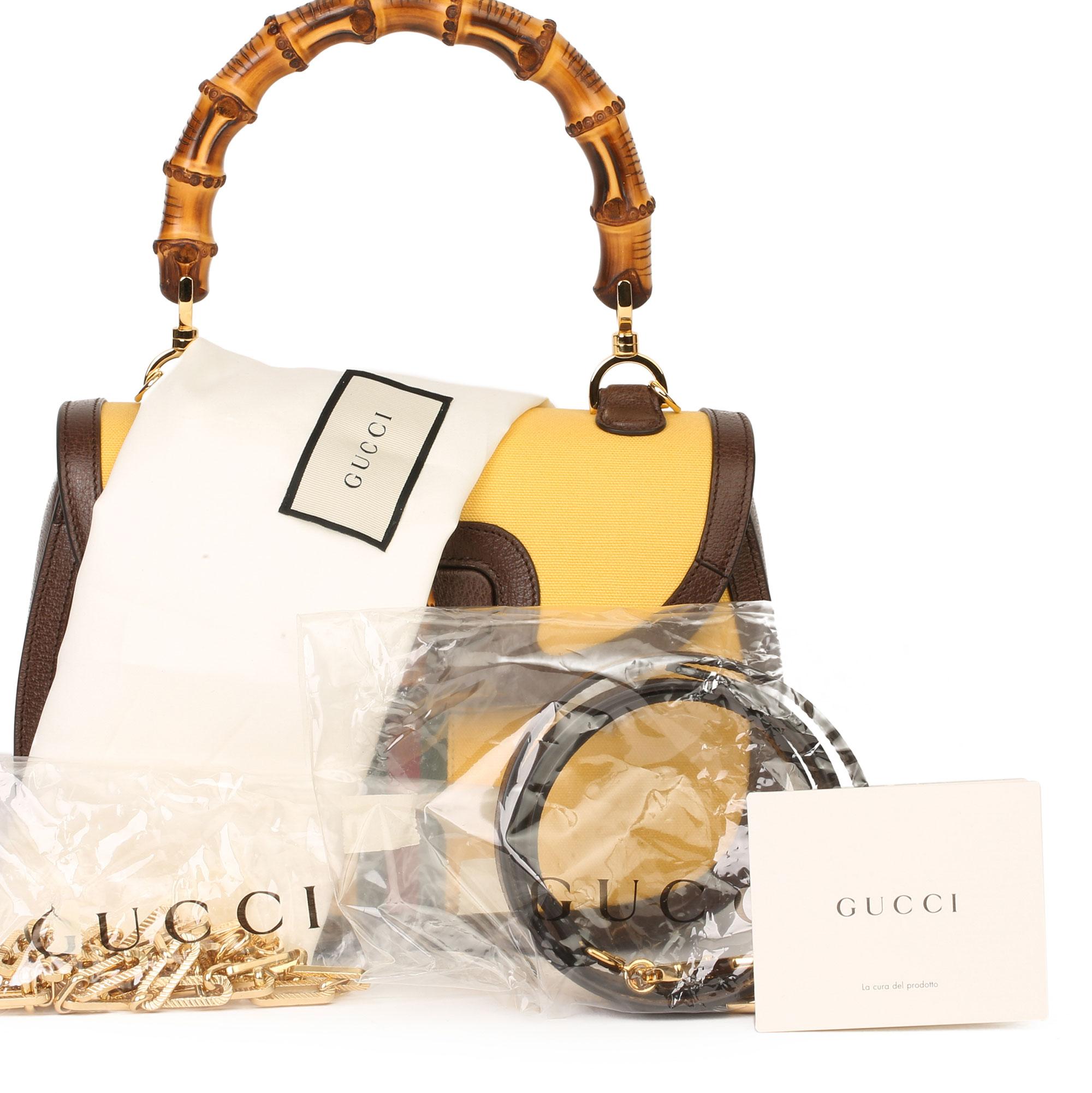 Gucci Yellow Canvas & Brown Pigskin Leather Web Classic Bamboo Top Handle 3