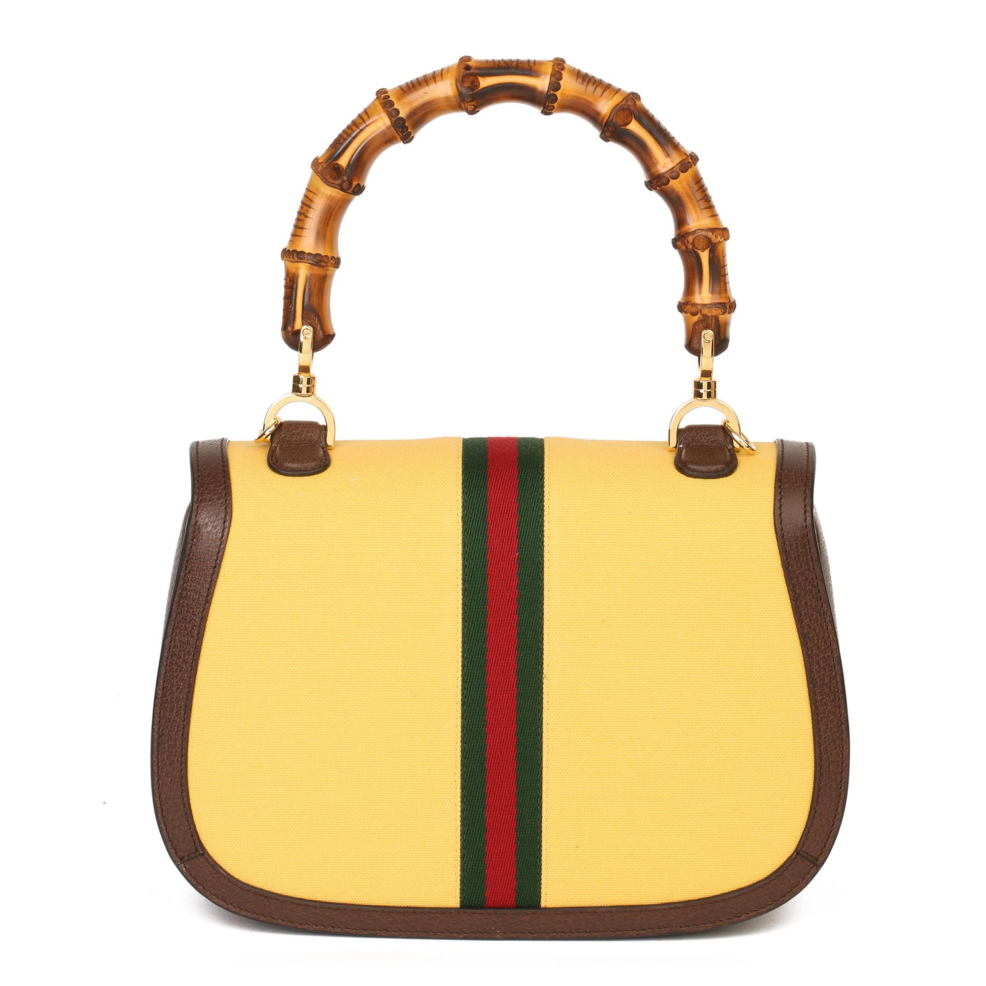 Gucci Gelbes Segeltuch & Braunes Schweinsleder Web Classic Bamboo Top Handle Damen