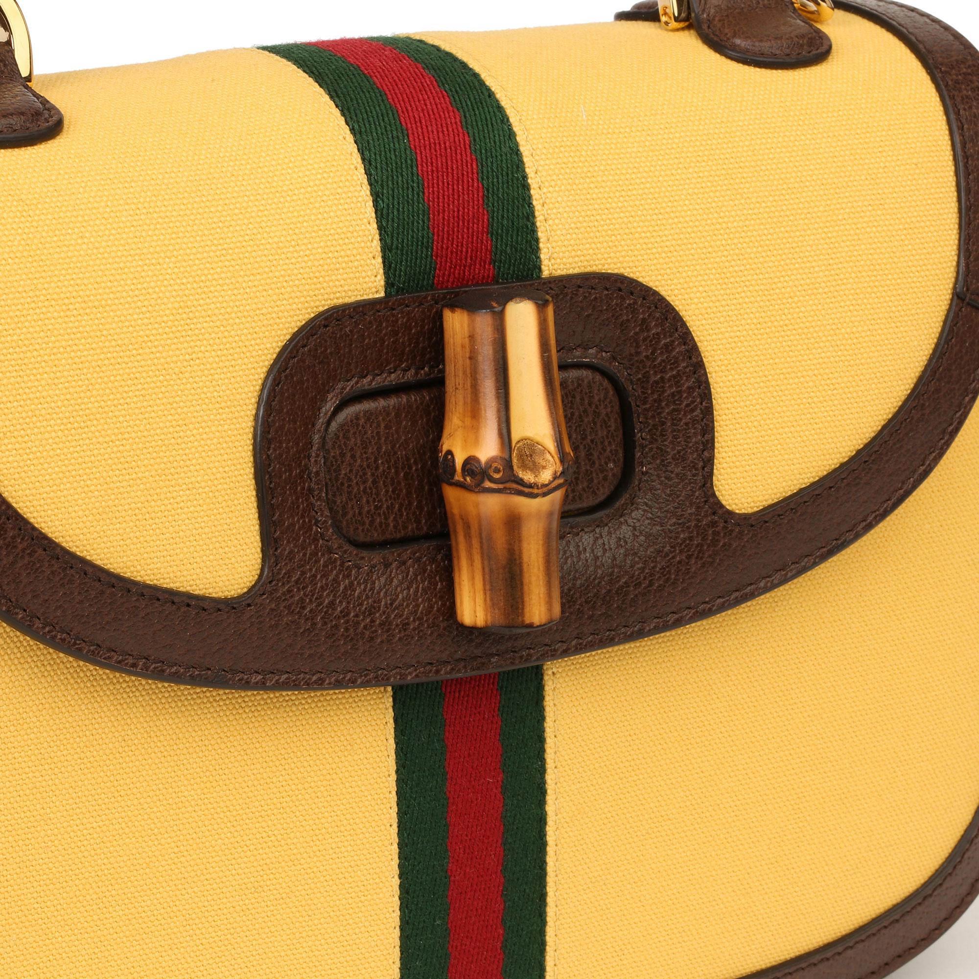 Gucci Gelbes Segeltuch & Braunes Schweinsleder Web Classic Bamboo Top Handle 2