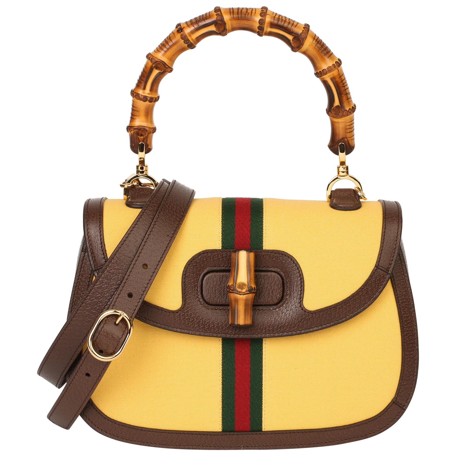 Gucci Yellow Canvas & Brown Pigskin Leather Web Classic Bamboo Top Handle