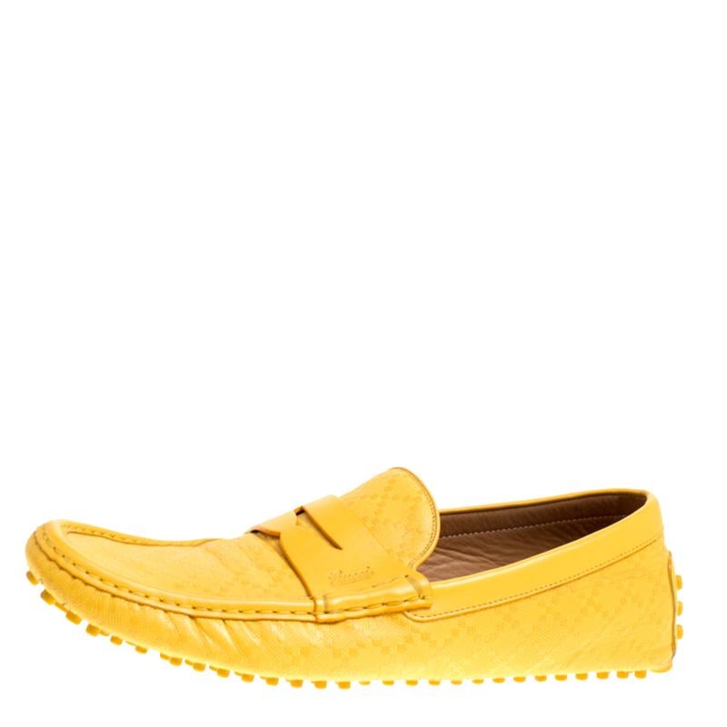 Gucci Yellow Diamante Leather Driver Loafers Size 44.5 For Sale at ...