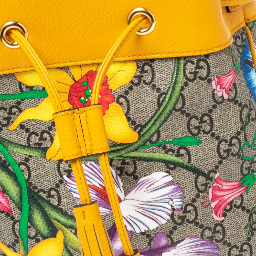 Gucci Yellow Flora GG Supreme and Leather Small Ophidia Bucket Bag 3