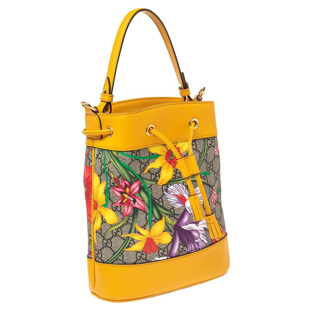 Gucci Yellow Flora GG Supreme and Leather Small Ophidia Bucket Bag 4