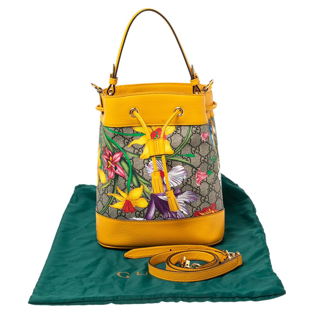 Gucci Yellow Flora GG Supreme and Leather Small Ophidia Bucket Bag 5