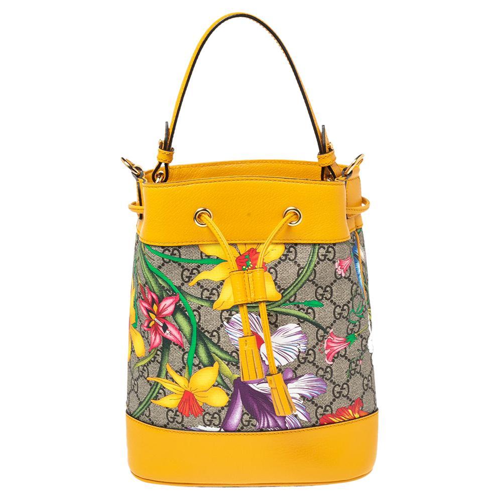 Gucci Yellow Flora GG Supreme and Leather Small Ophidia Bucket Bag