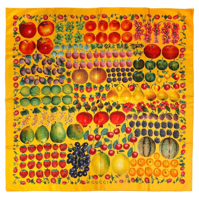Gucci Yellow Fruit Motif Silk Scarf For Sale at 1stDibs