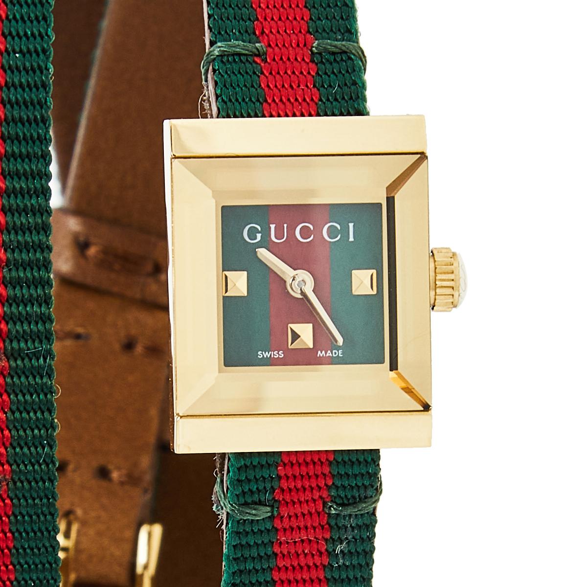 Gucci Yellow Gold Plated Stainless Leather G-Frame 128.5 Women's Wristwatch 14mm In Good Condition In Dubai, Al Qouz 2